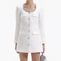 White Crepe Diamante Trim Mini Dress