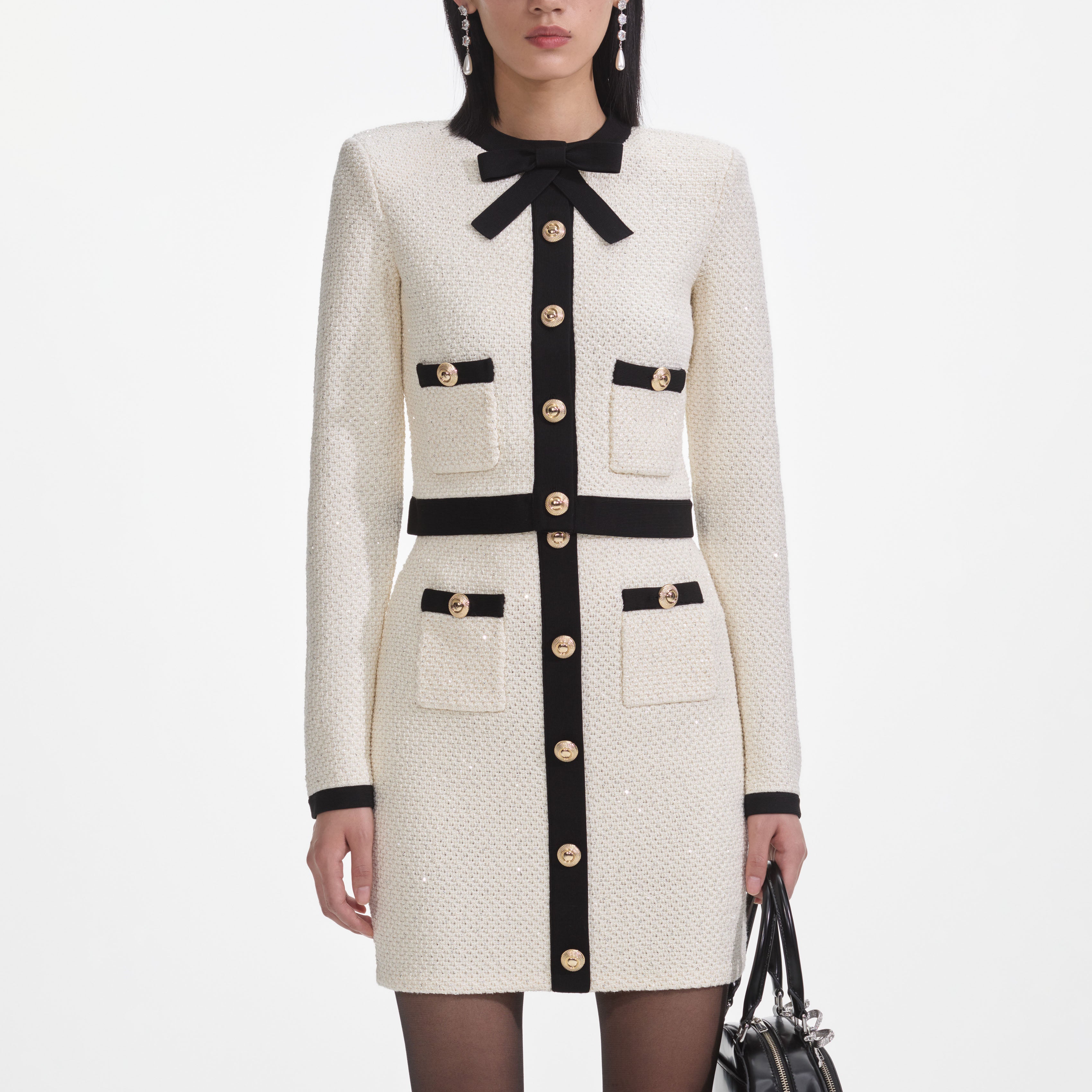 Cream Sequin Tie Neck Cardigan