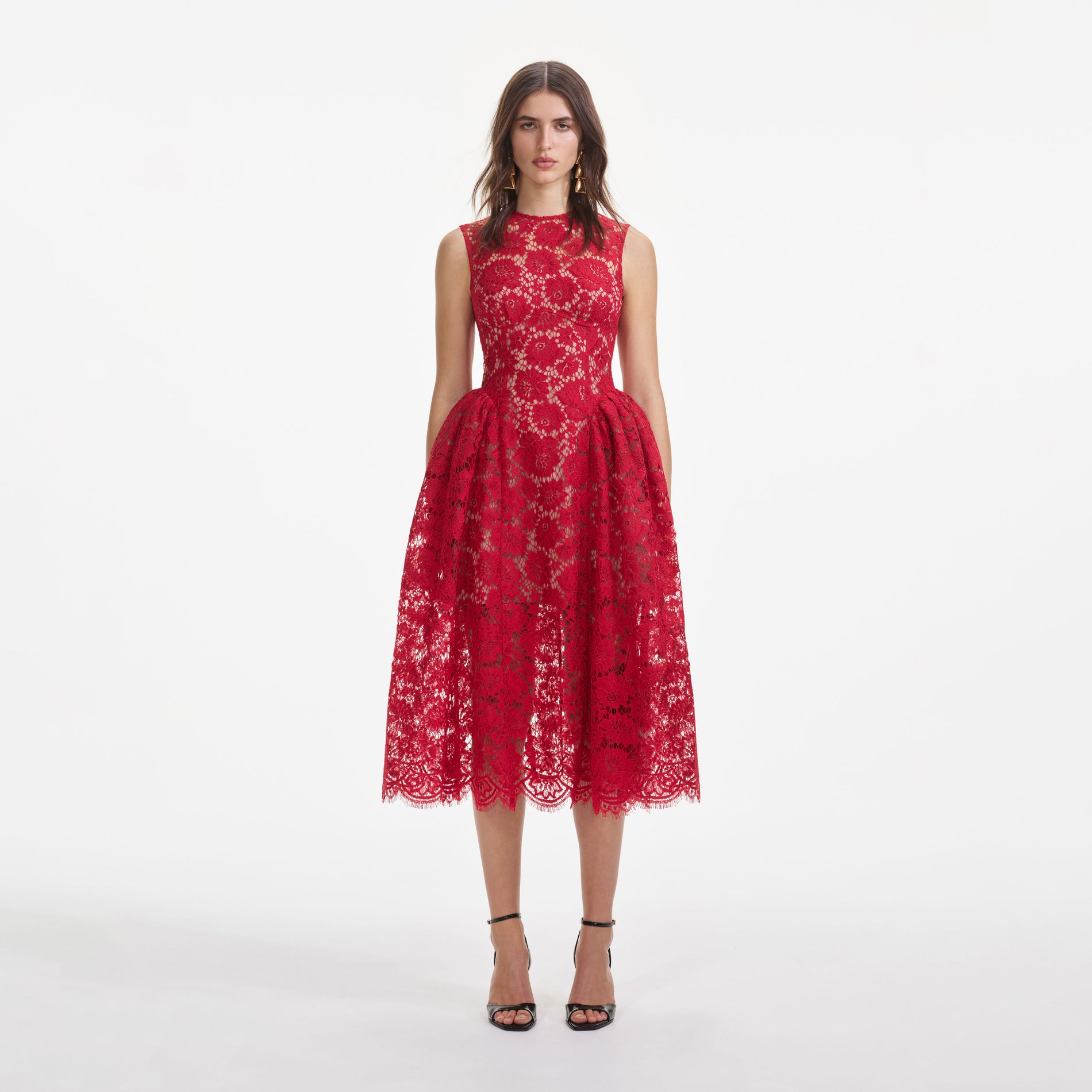 Front view of a woman wearing the Red Fine Lace Midi Dress