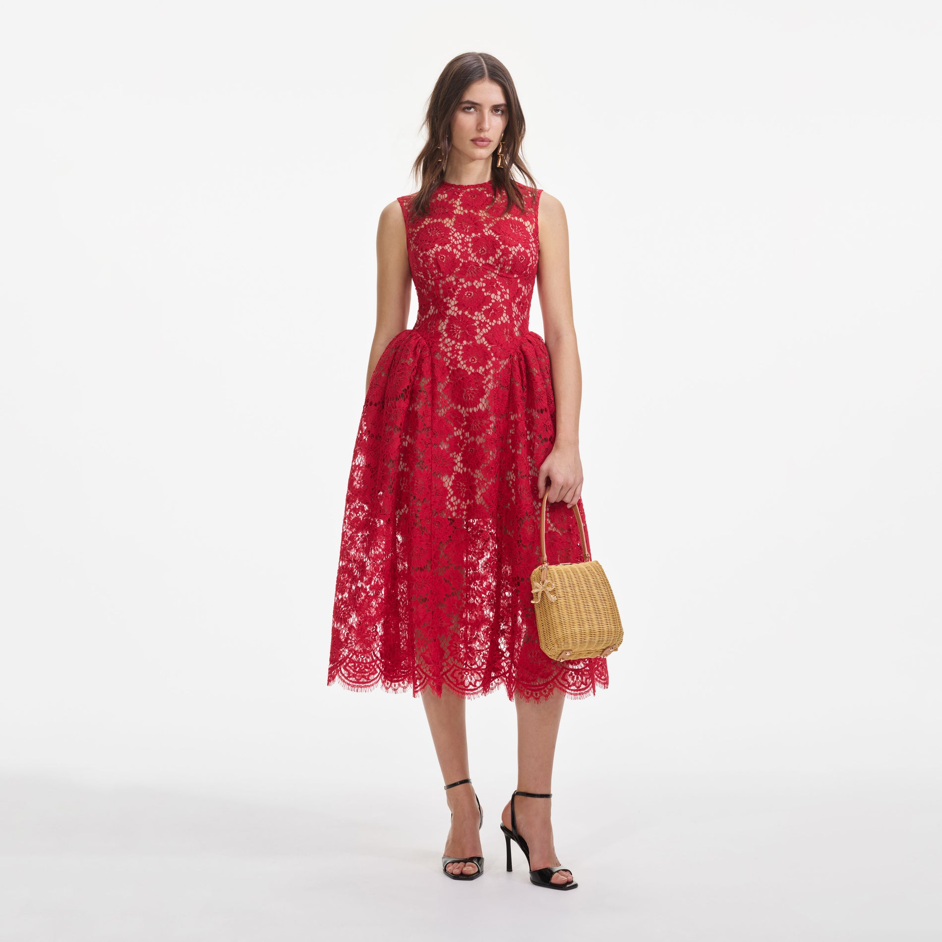 A close up of a woman wearing the Red Fine Lace Midi Dress