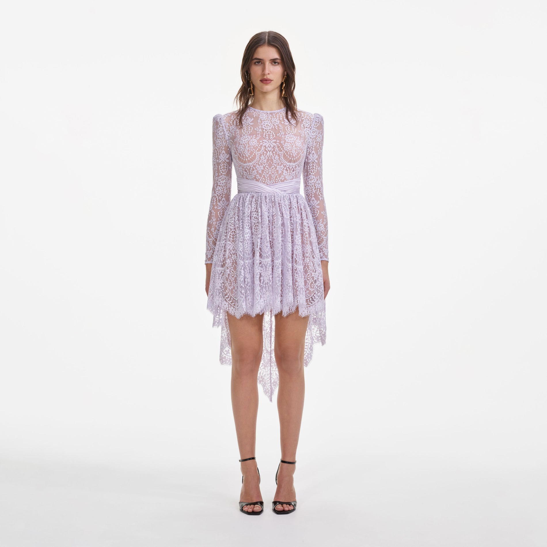 Front view of a woman wearing the Lilac Lace Satin Mini Dress