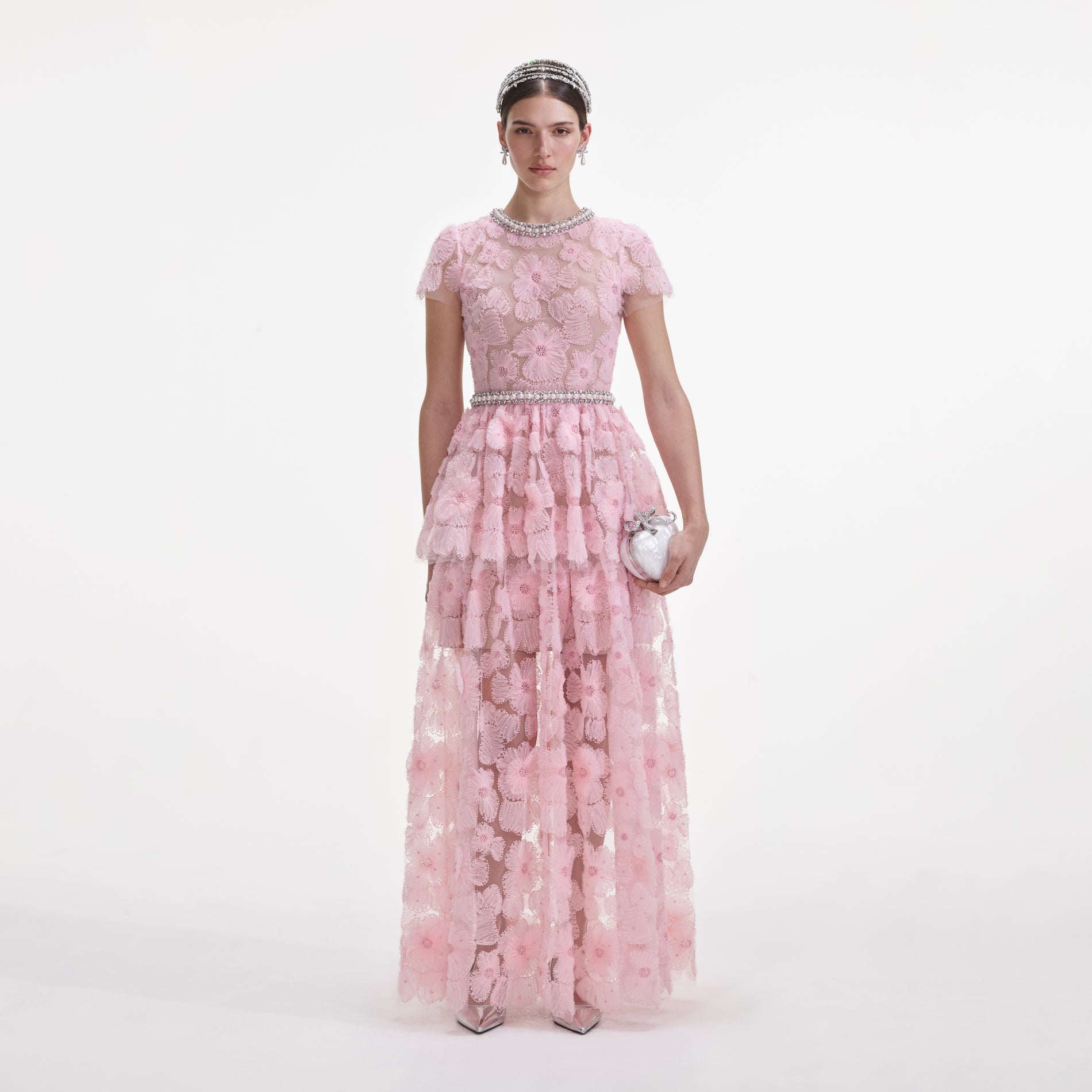 Front view of a woman wearing the Pink Embellished Tulle Maxi Dress