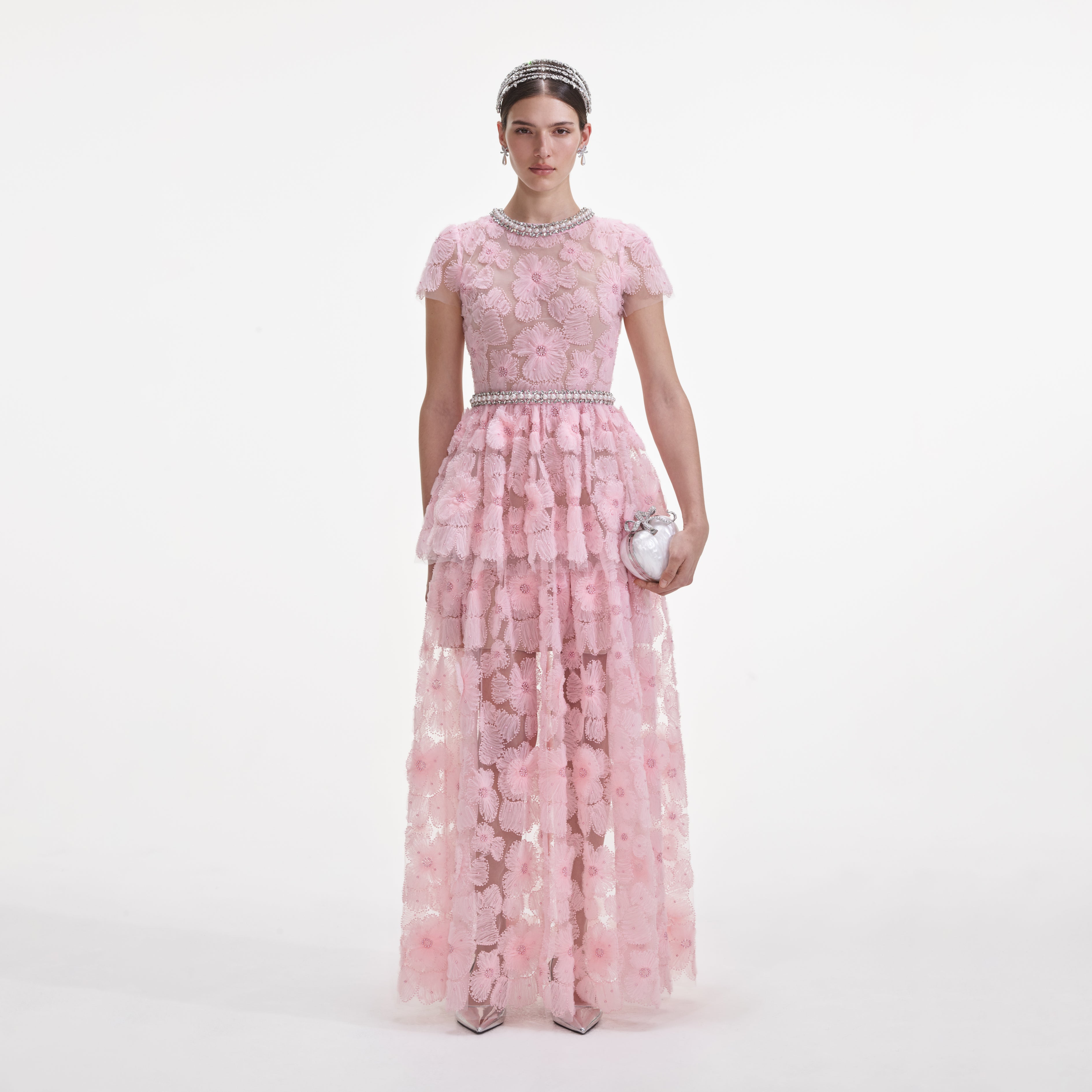 Pink Embellished Tulle Maxi Dress
