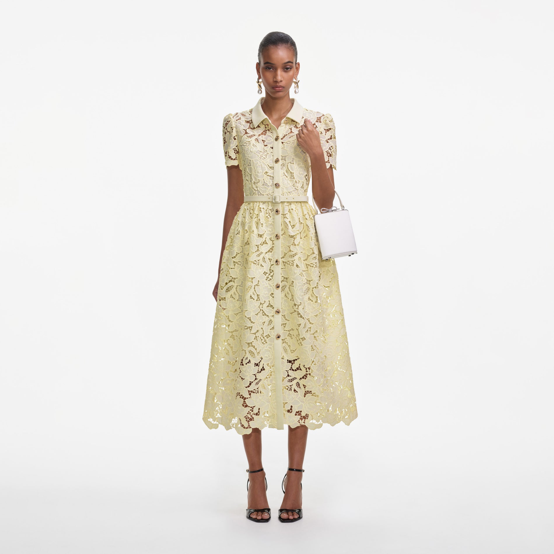 Front view of a woman wearing the Yellow Lace Collared Midi Dress