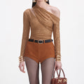 Brown Rhinestone Gathered Top