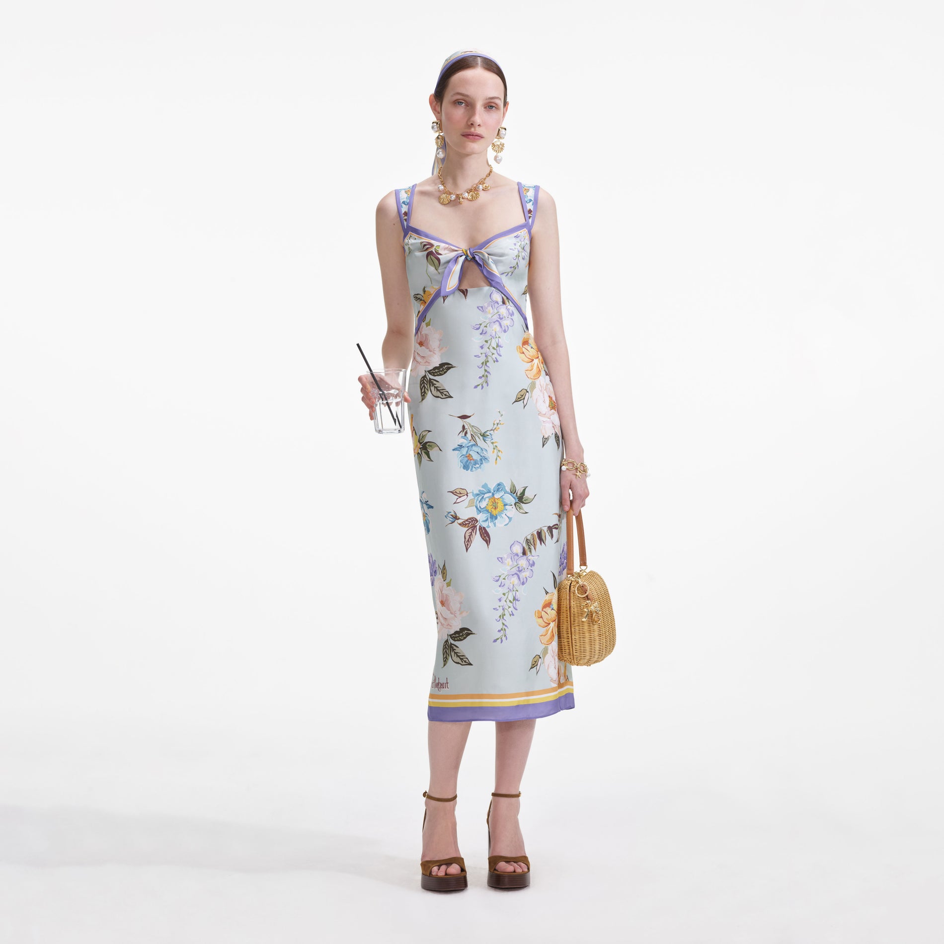 Front view of a woman wearing the Blue Floral Silk Twill Midi Dress