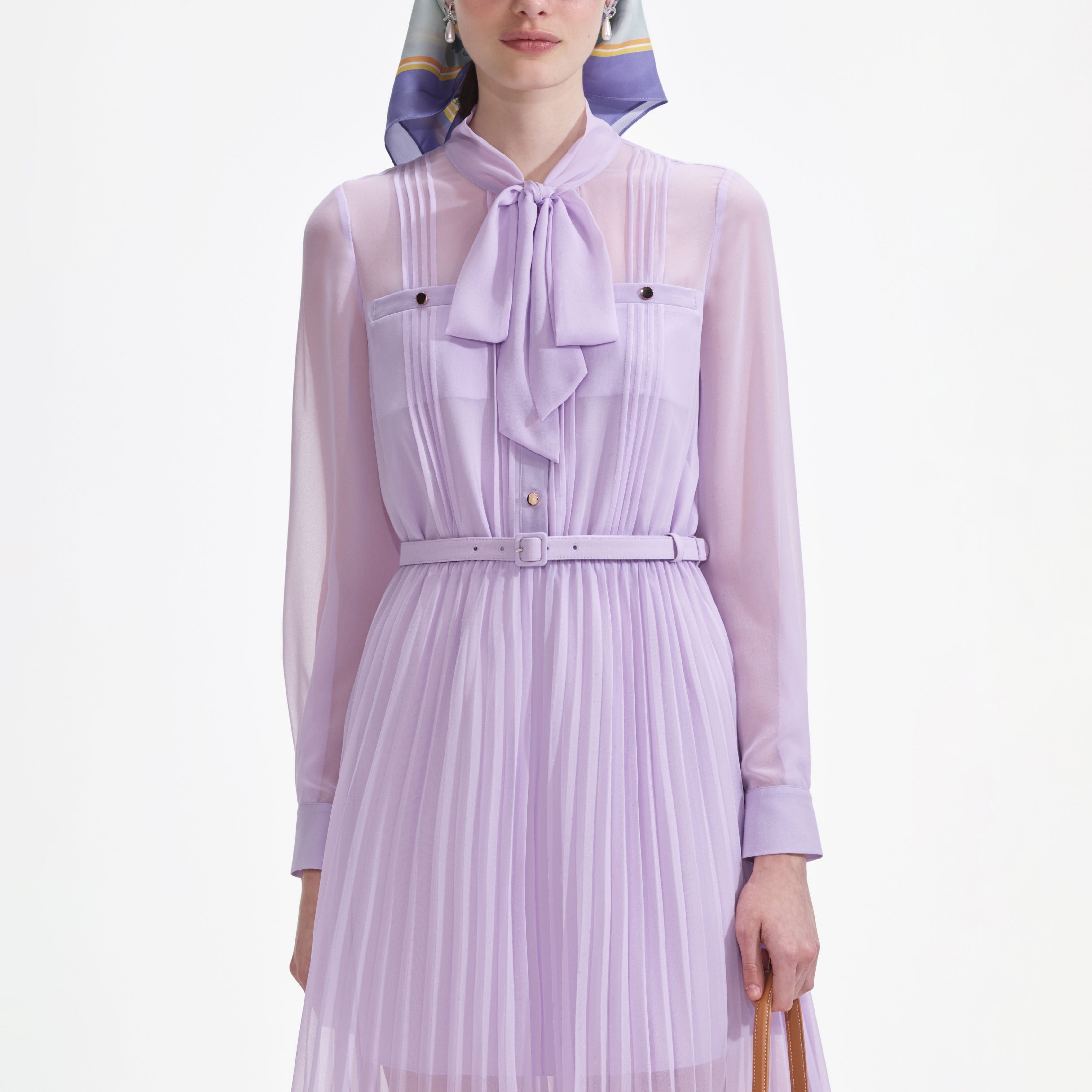 Lilac Chiffon Tie Neck Midi Dress