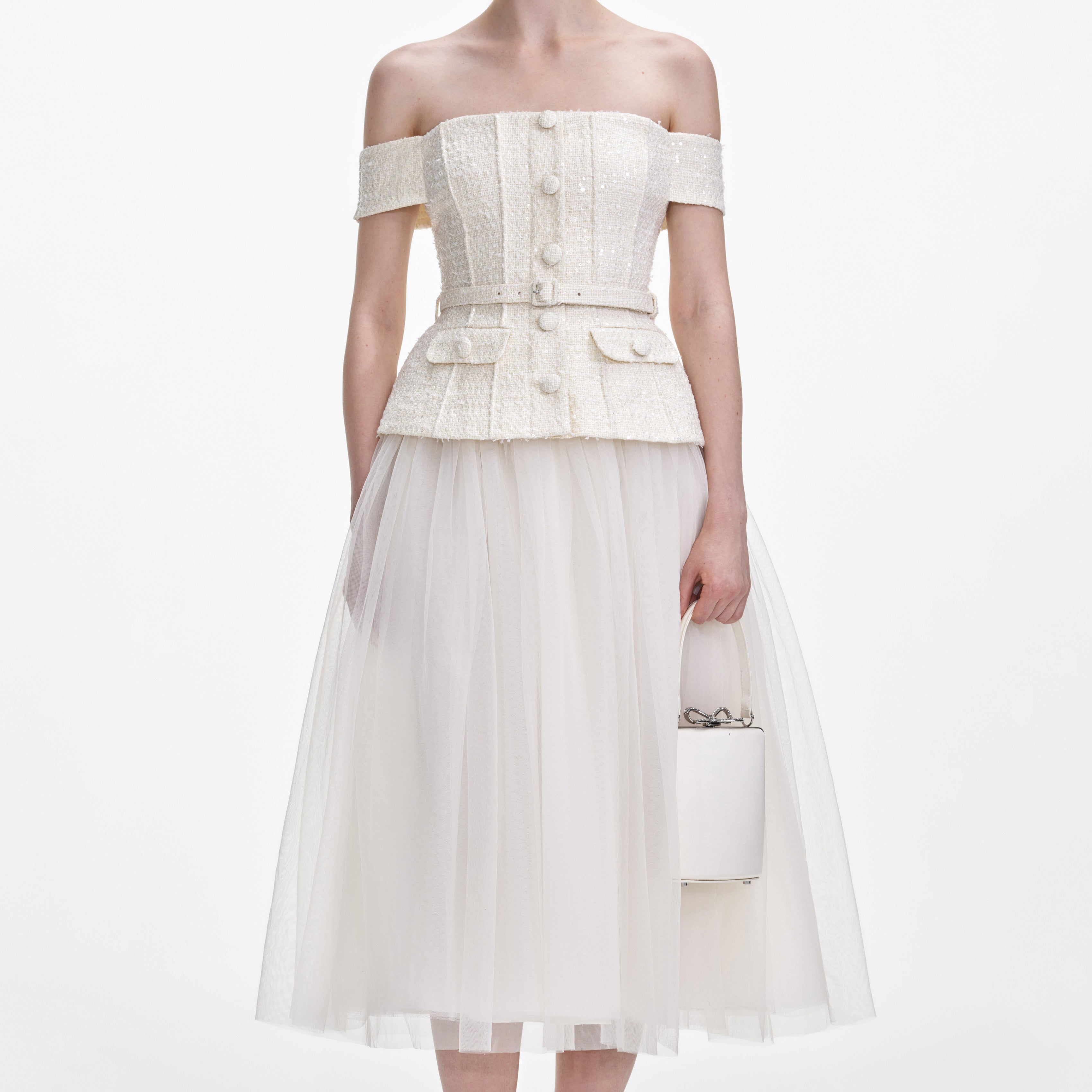 Cream Boucle Tulle Midi Dress