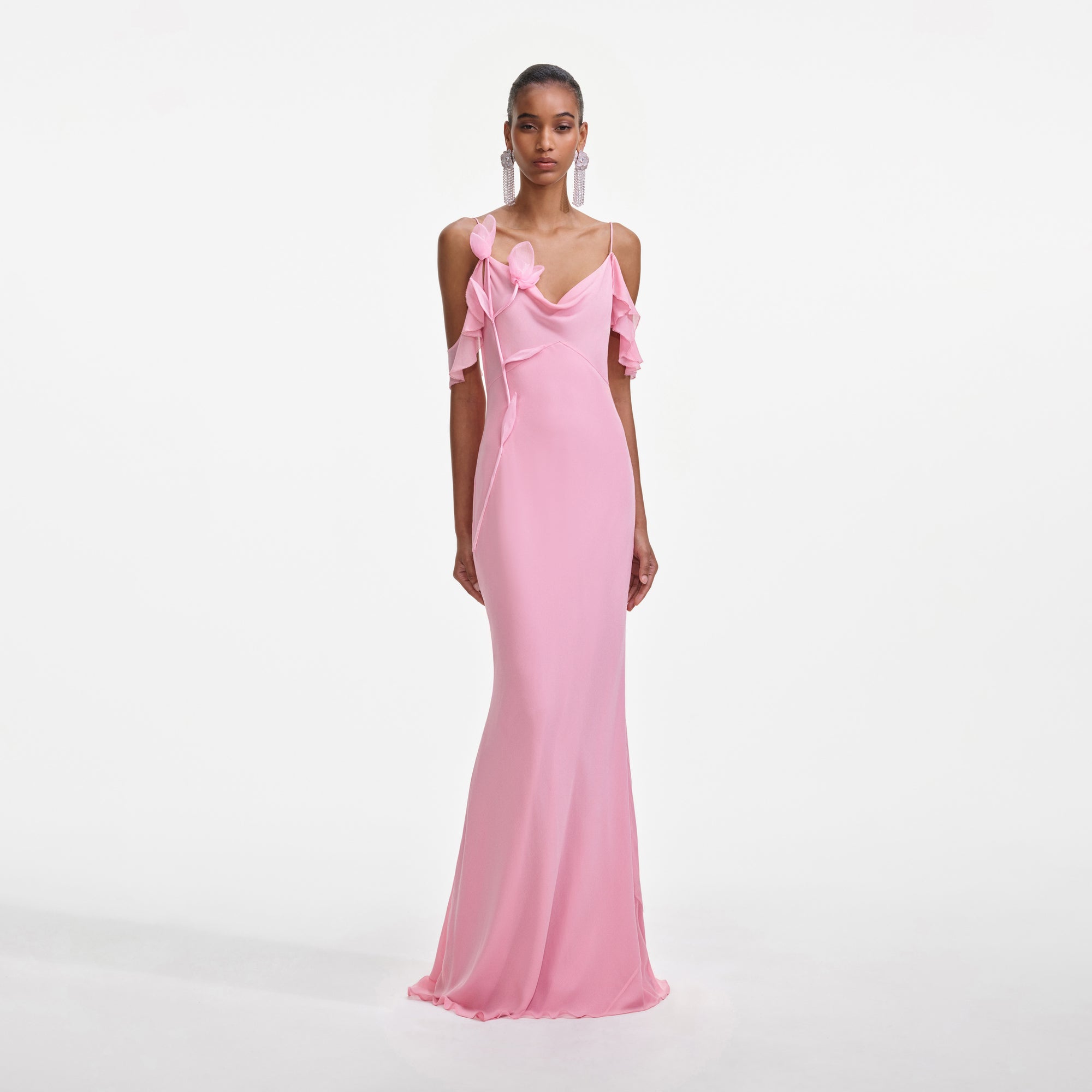 Front view of a woman wearing the Pink Georgette Flower Maxi Dress