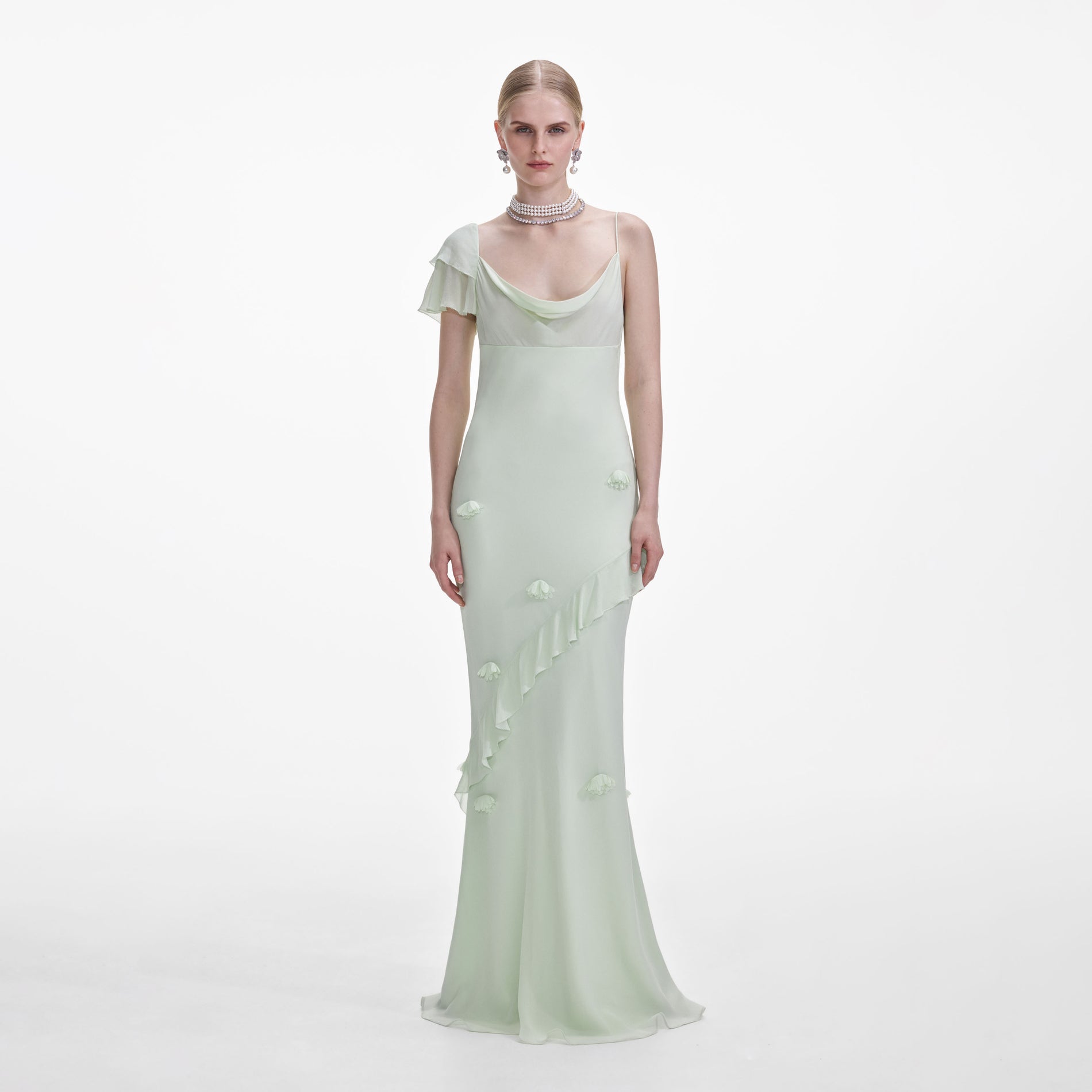 Front view of a woman wearing the Mint Georgette Flower Maxi Dress