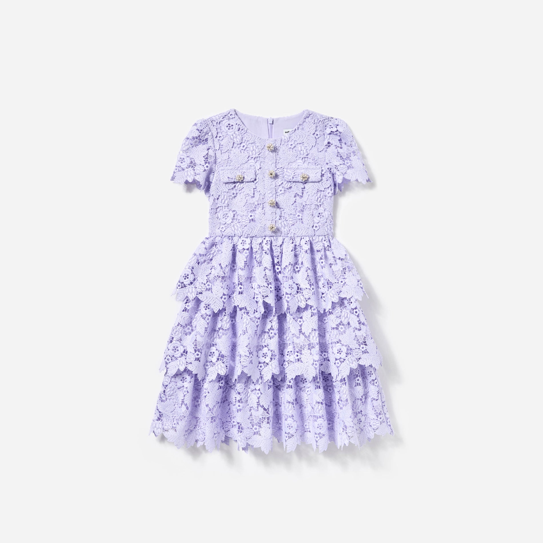 Front view of a woman wearing the Lilac Butterfly Lace Dress
