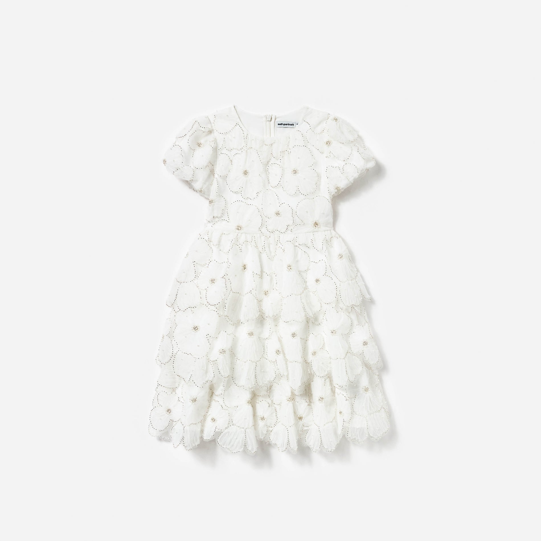 Front view of a woman wearing the White Embellished Tulle Short Sleeve Dress
