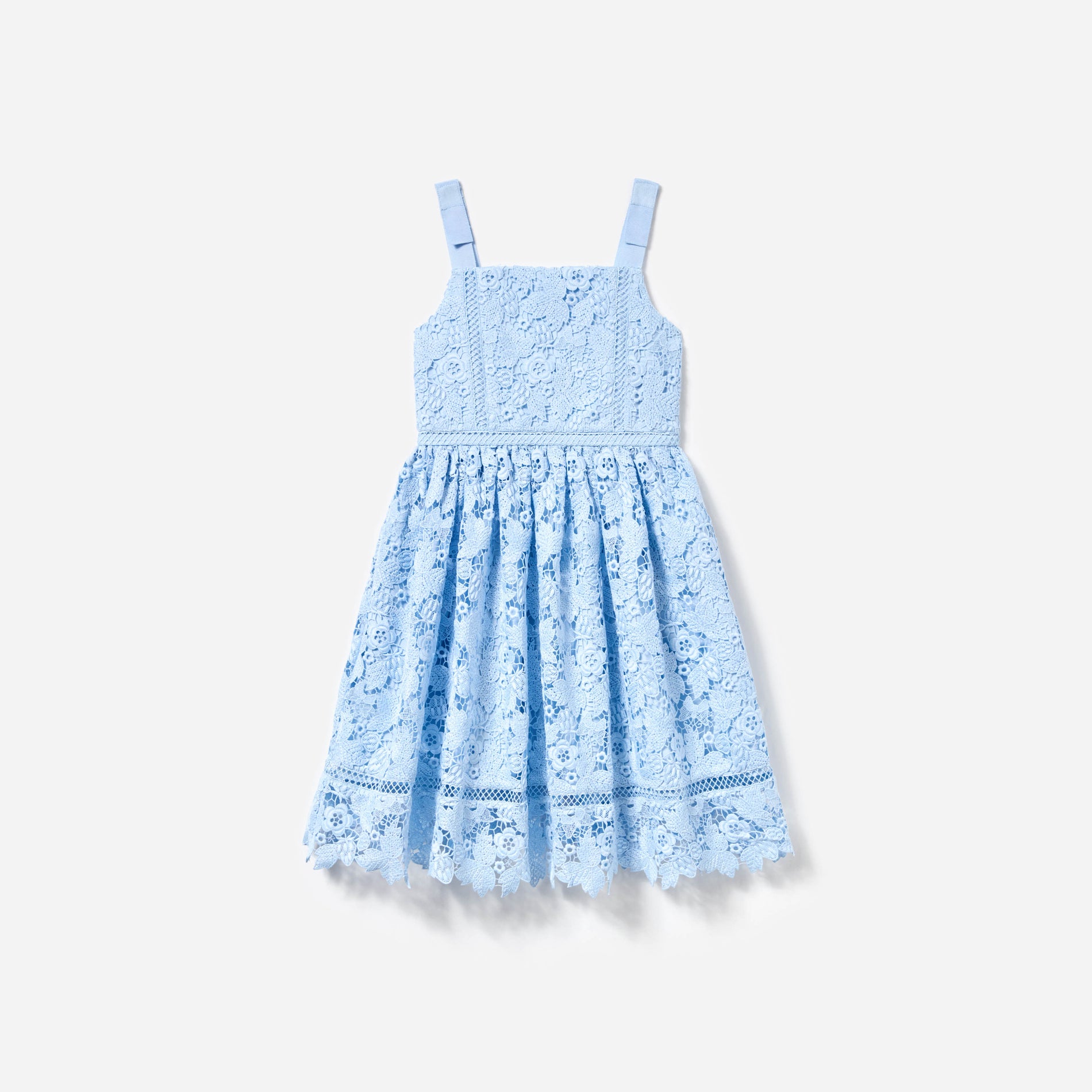 Front view of a woman wearing the Blue Butterfly Lace Dress