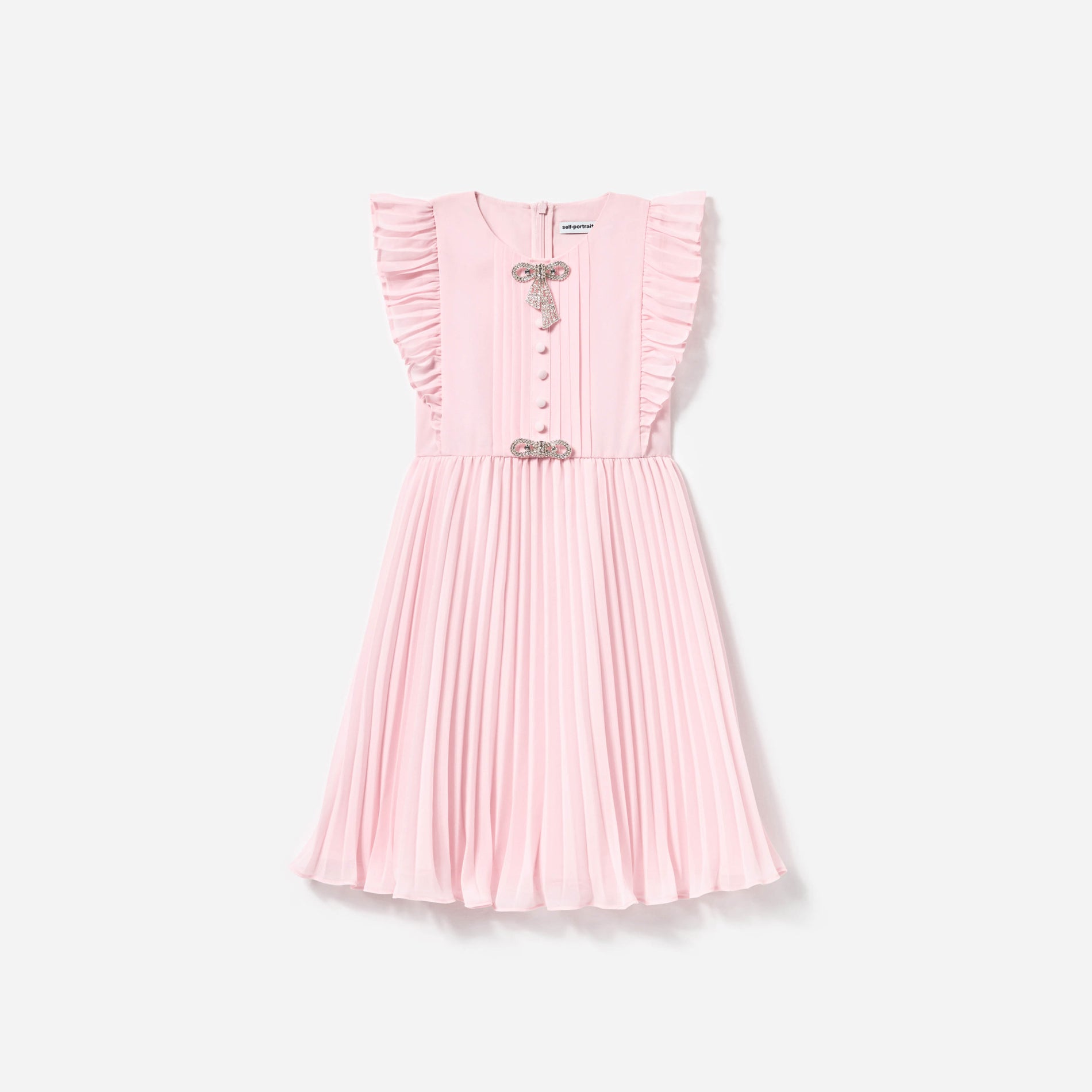 Front view of a woman wearing the Pink Chiffon Pleated Bow Dress