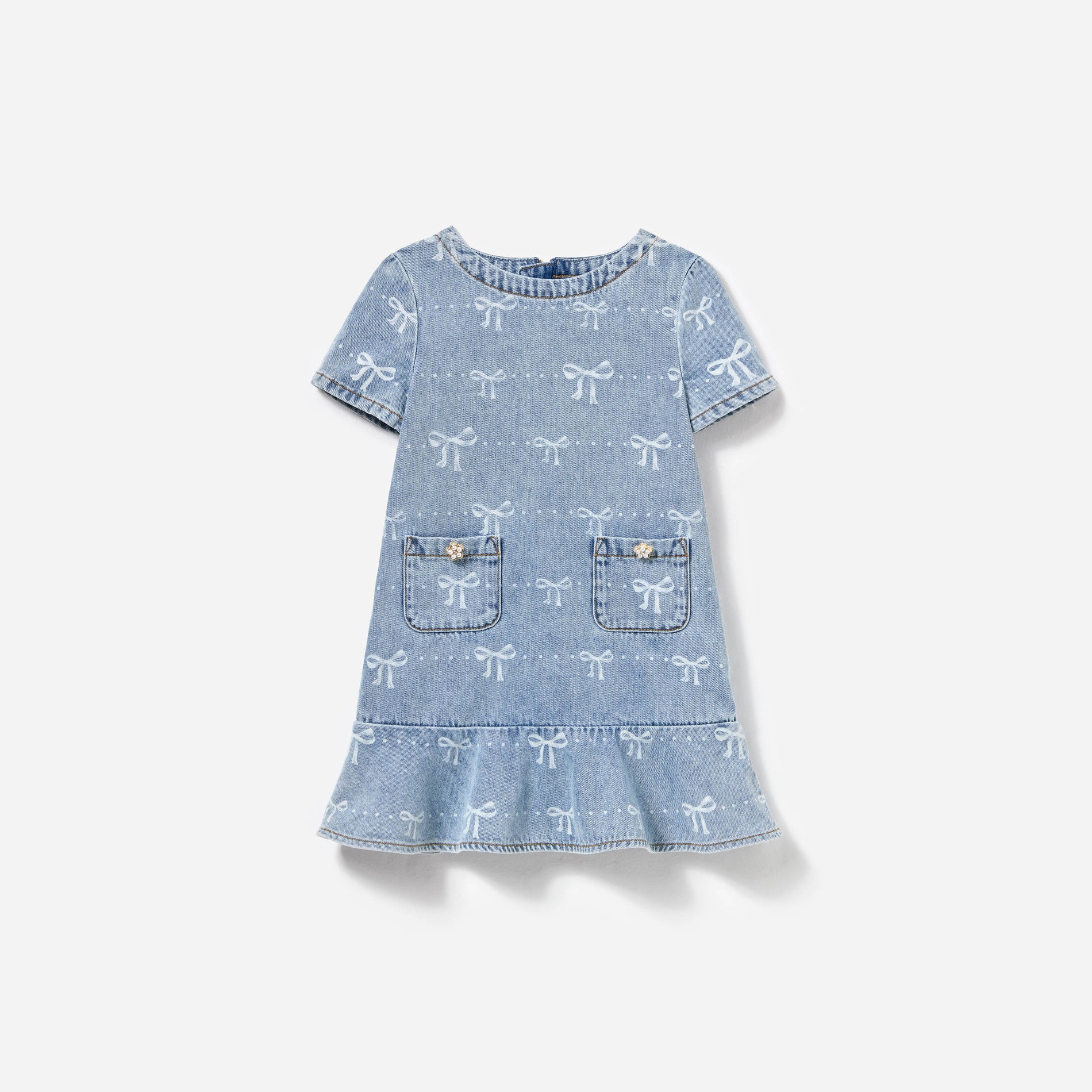 Front view of a woman wearing the Light Blue Bow Denim Dress