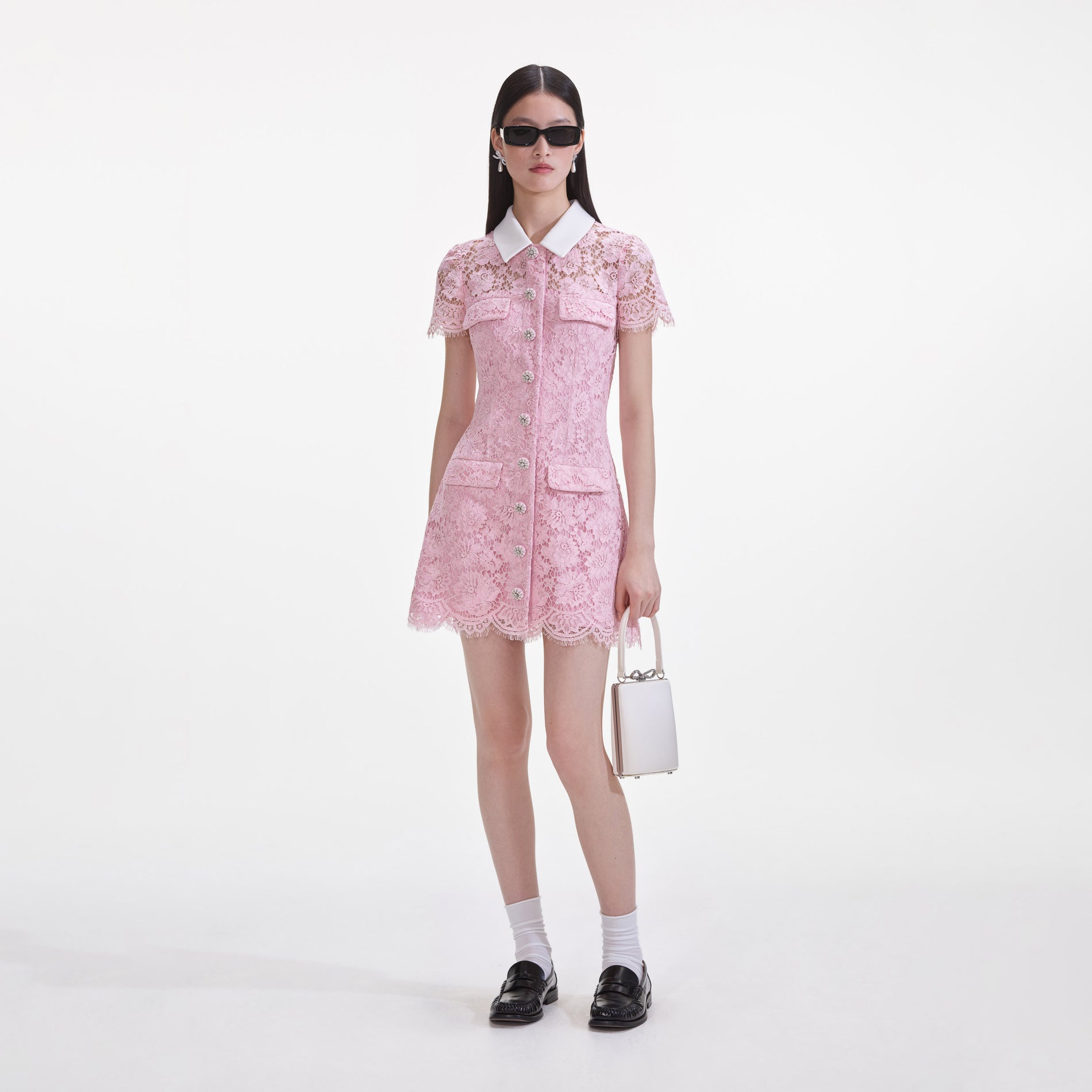 Front view of a woman wearing the Pink Lace Collared Mini Dress