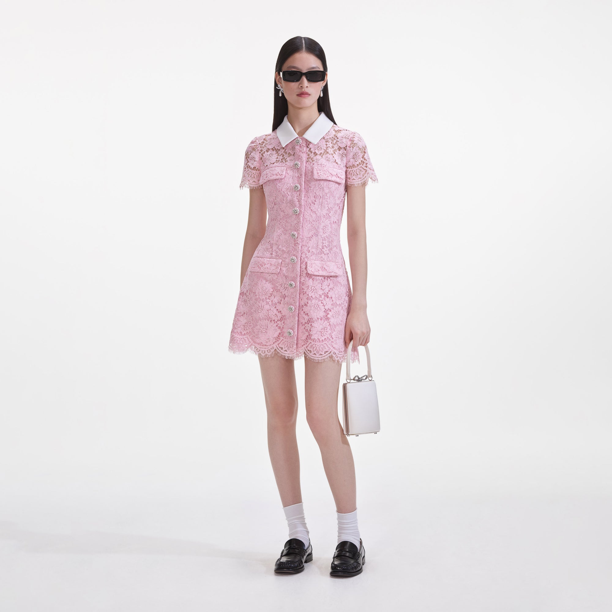 Front view of a woman wearing the Pink Lace Collared Mini Dress