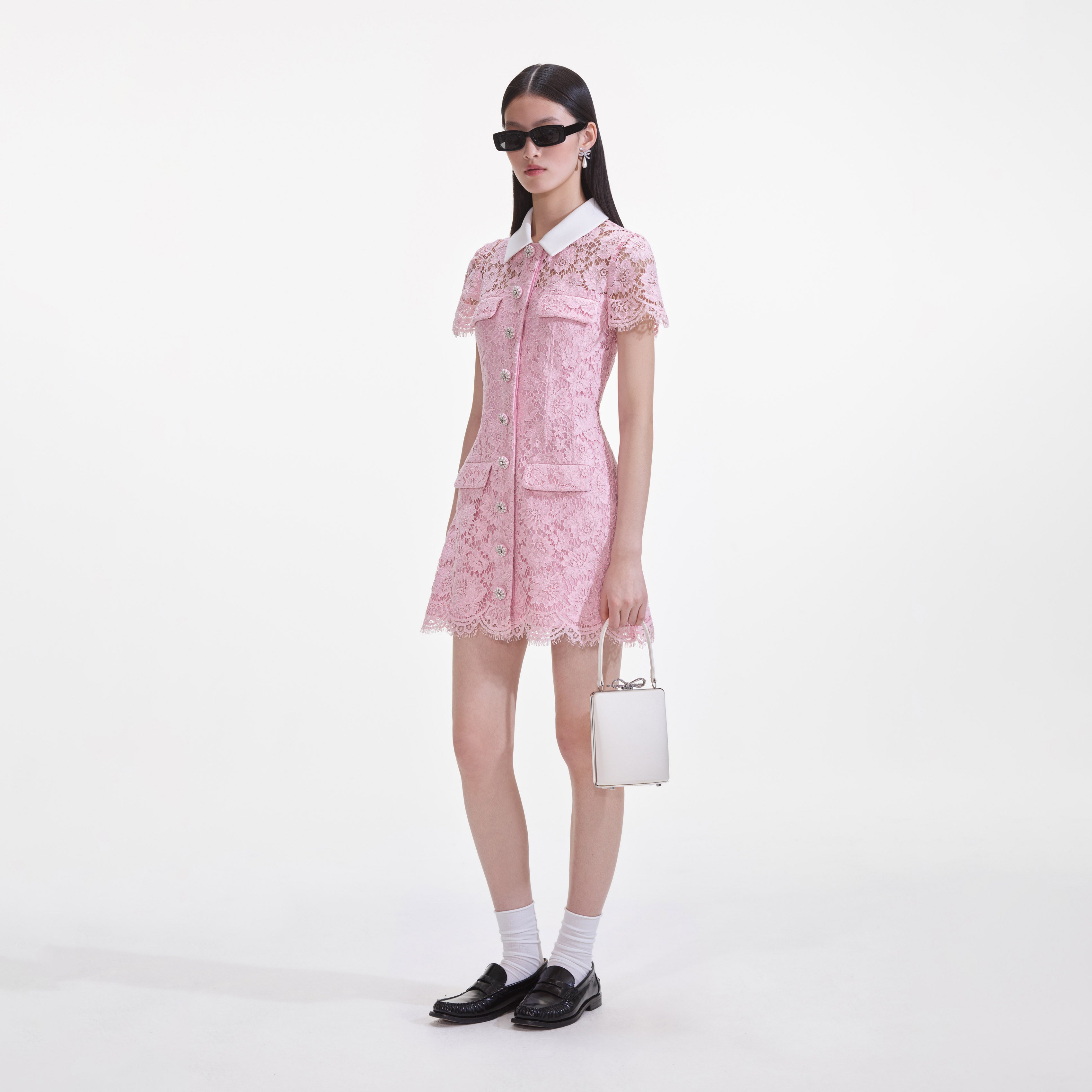 Pink Lace Collared Mini Dress