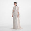 Cream Rhinestone Cape Maxi Dress