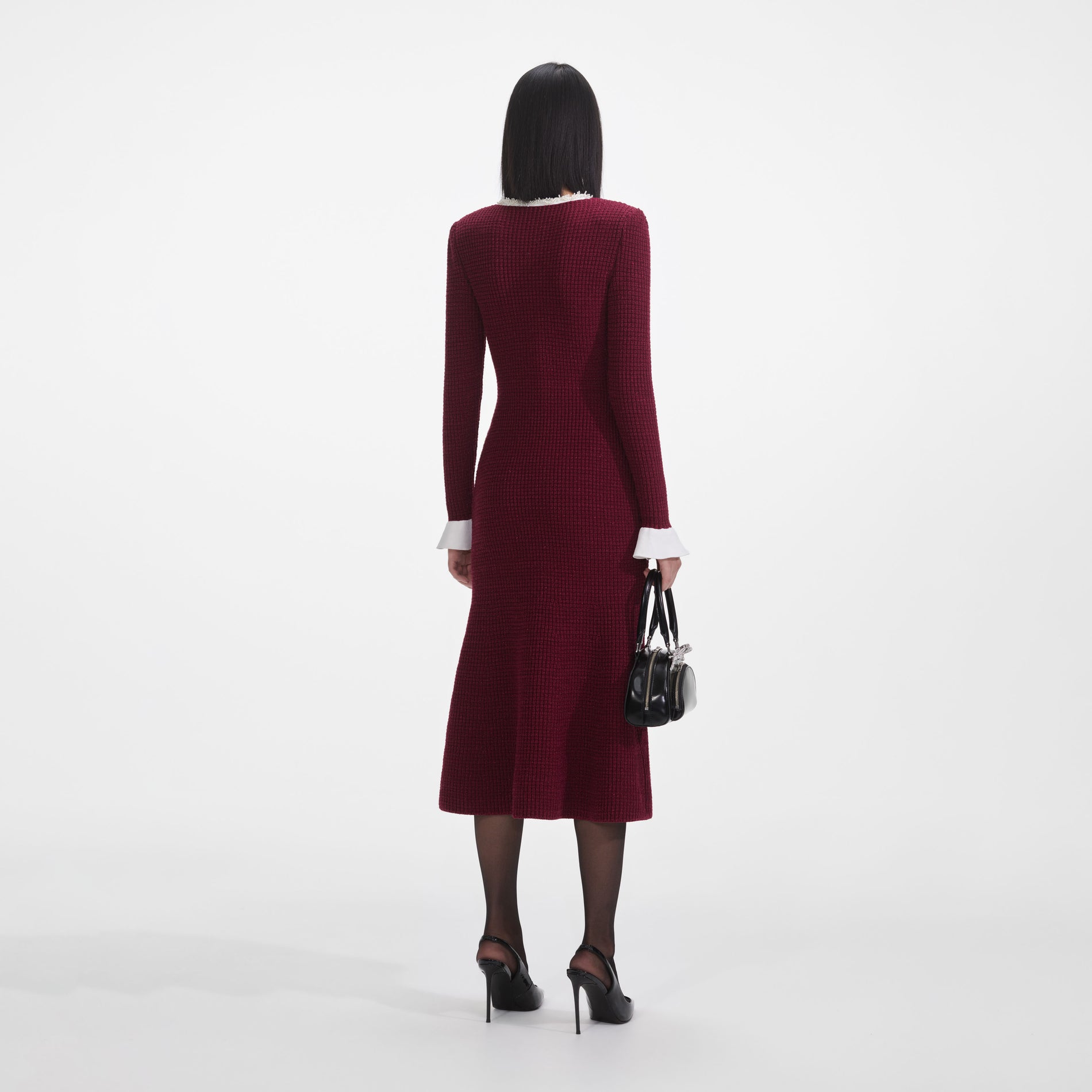 Burgundy Pearl Trim Knit Midi Dress