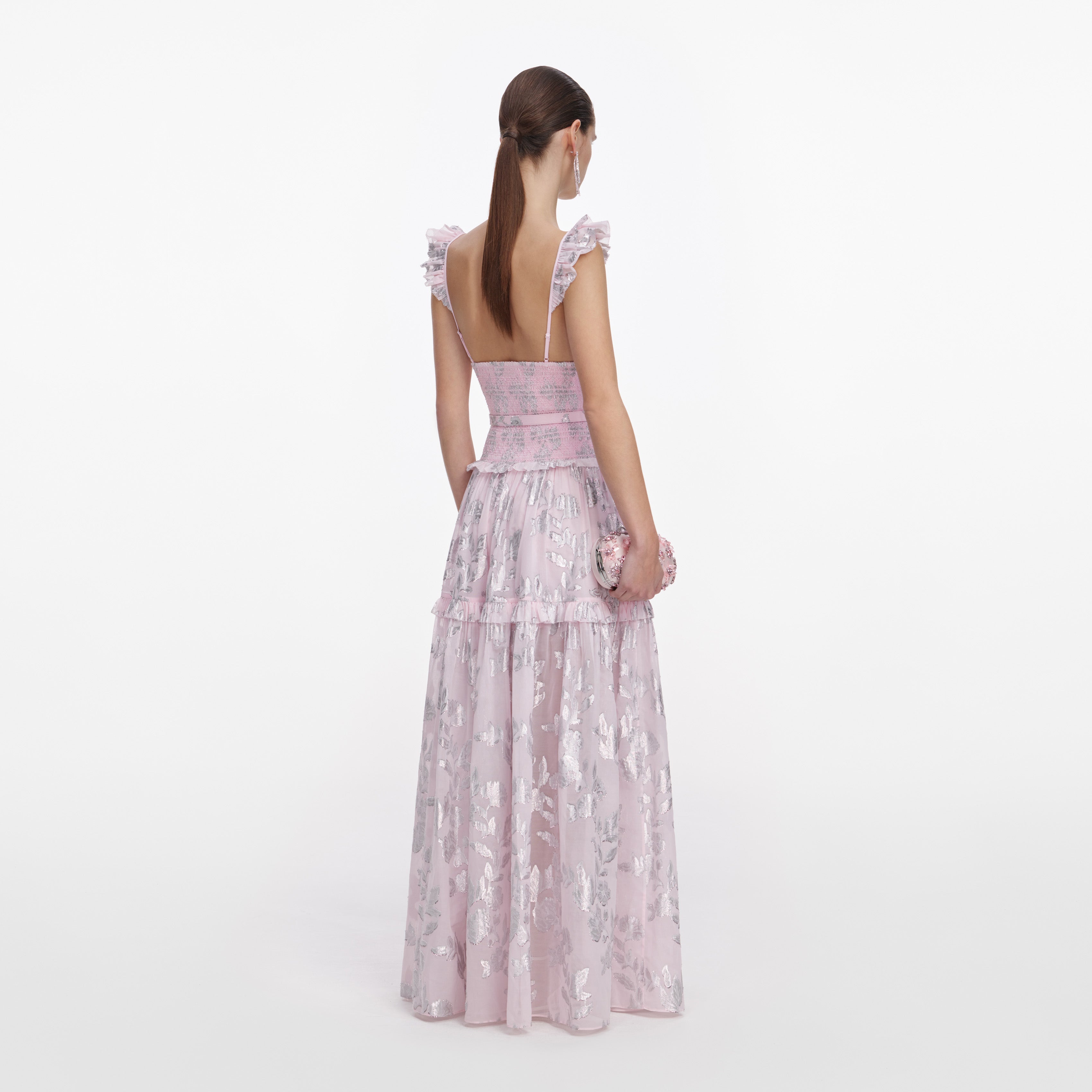 Pink Metallic Chiffon Flower Maxi Dress