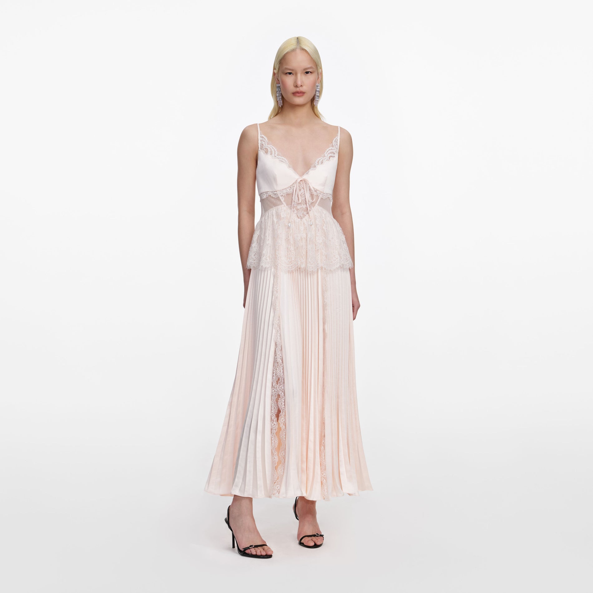 Front view of a woman wearing the Blush Satin Lace Midi Dress