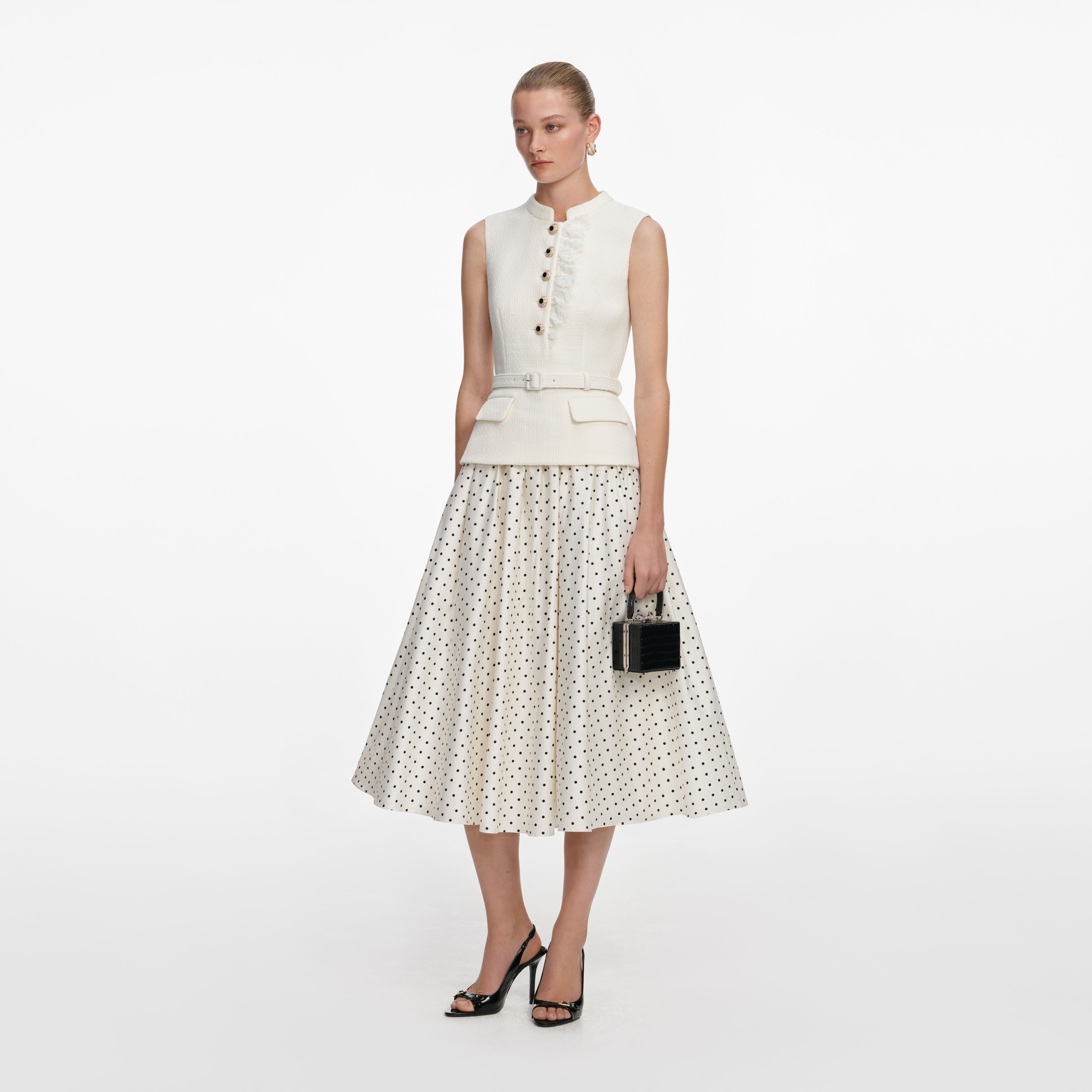 Cream Boucle Polka Dot Midi Dress