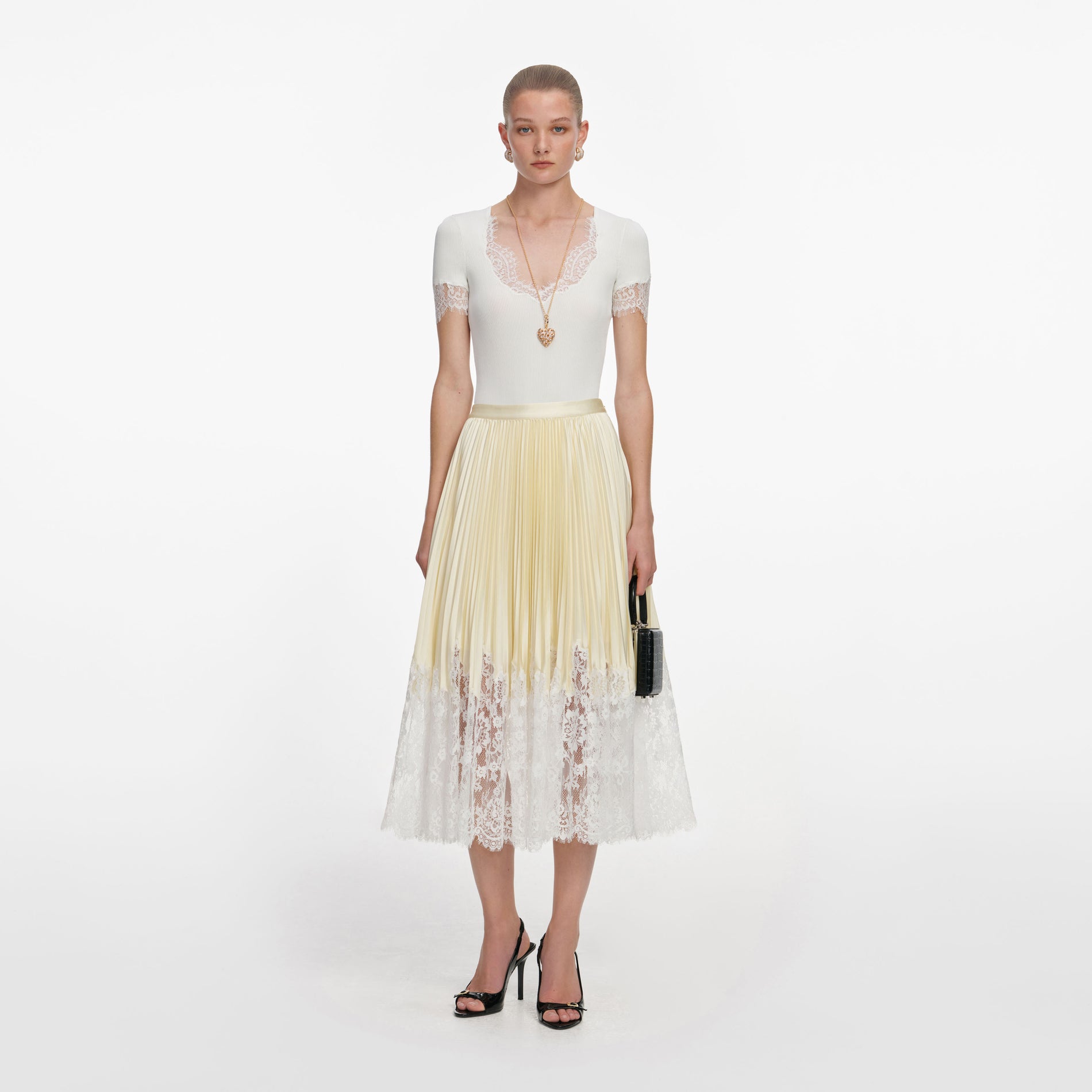 Yellow Satin Lace Midi Skirt