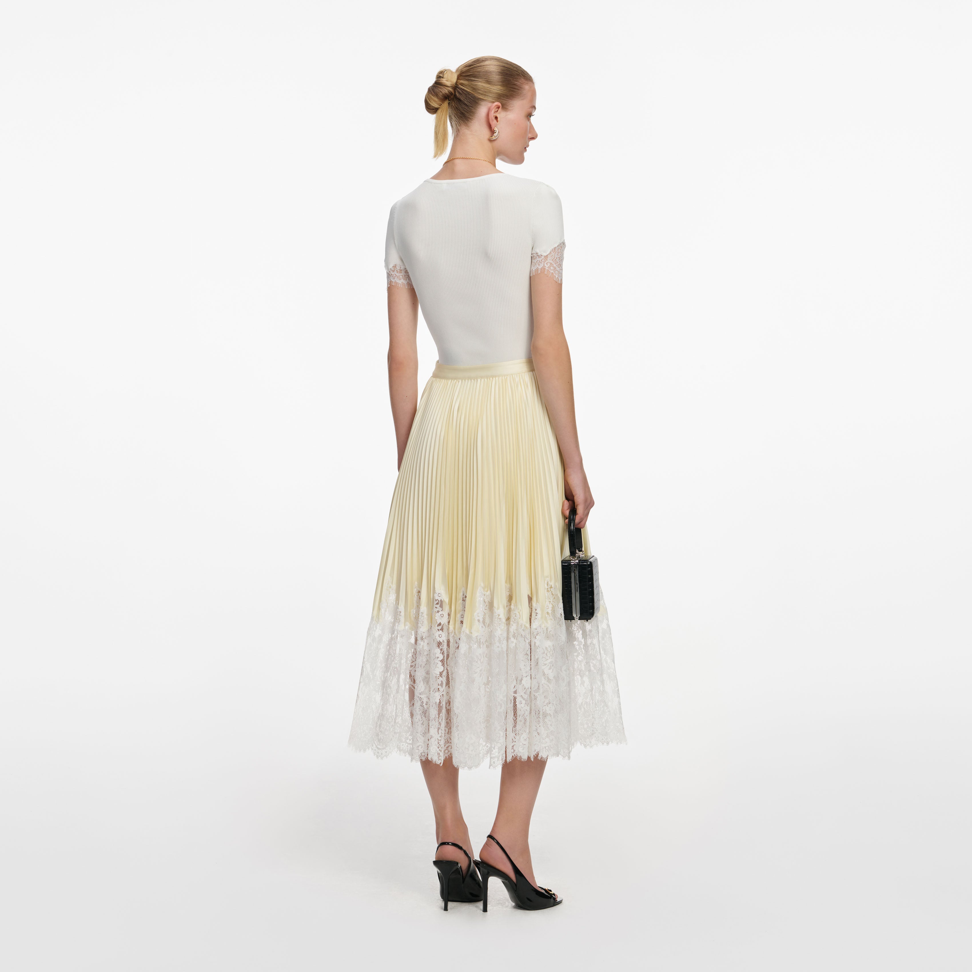 Yellow Satin Lace Midi Skirt