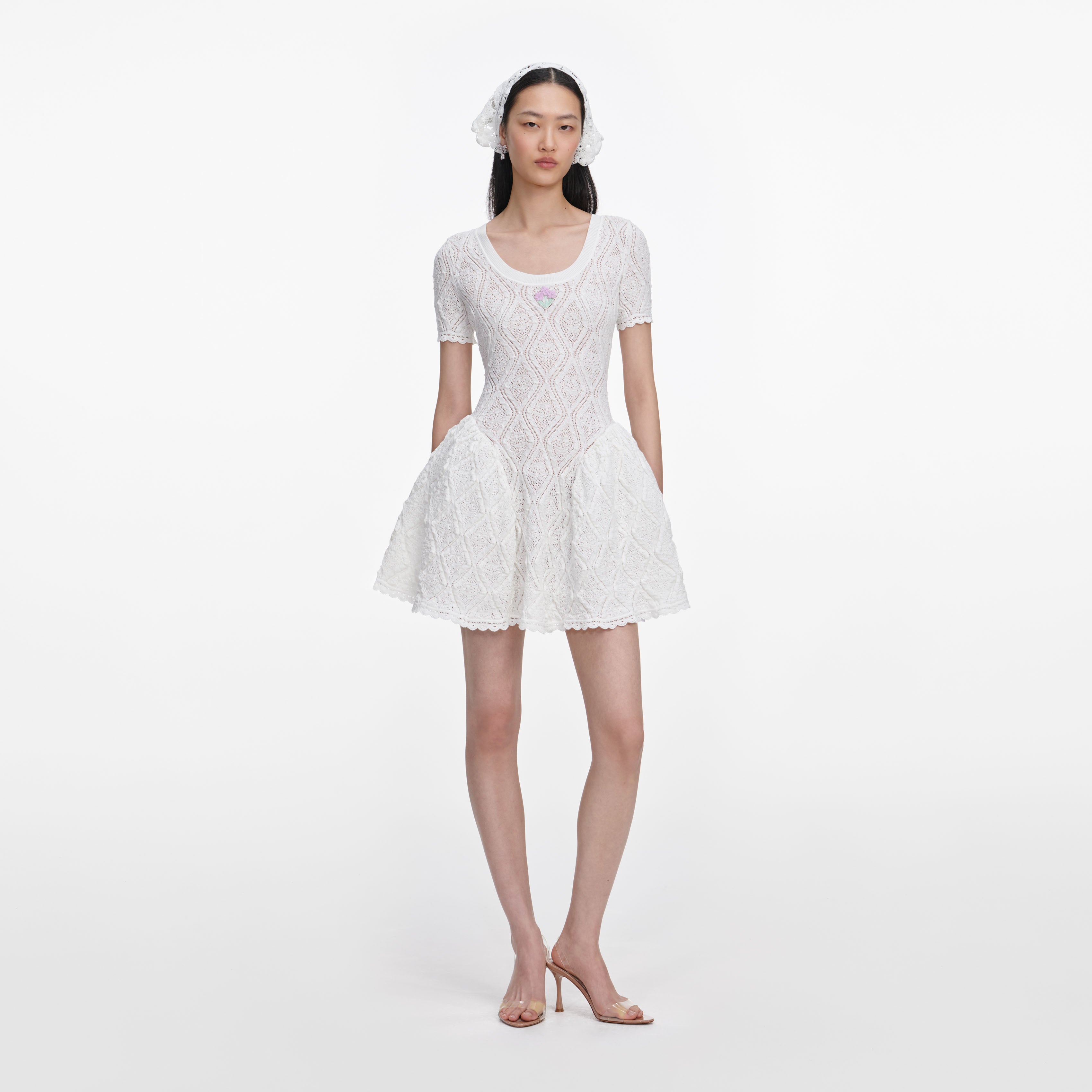 White Pointelle Knit Flared Mini Dress