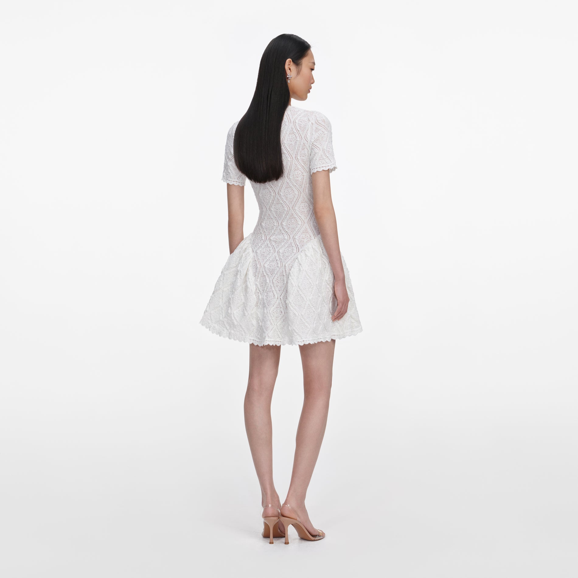 White Pointelle Knit Flared Mini Dress