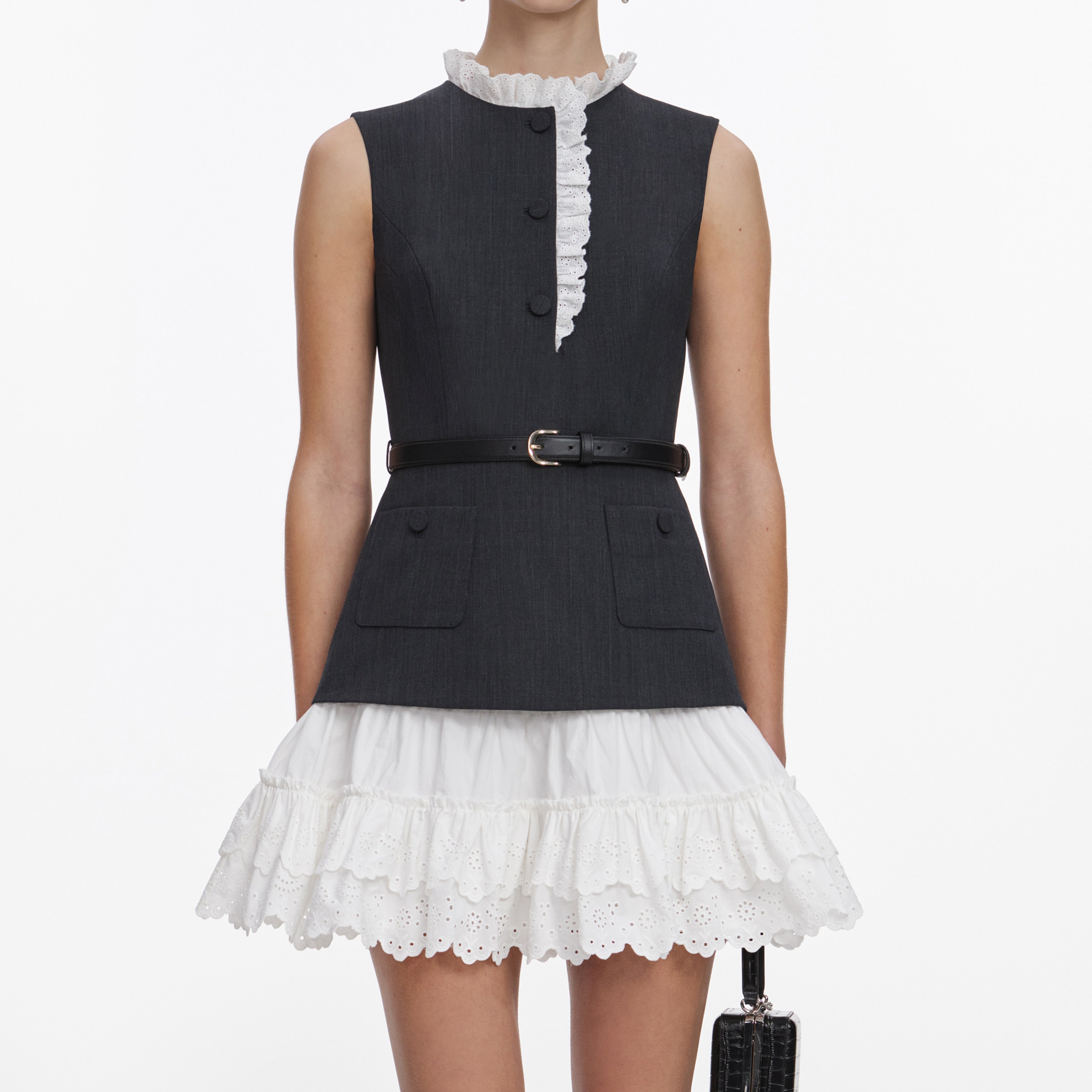 Grey Tailored Cotton Frill Mini Dress
