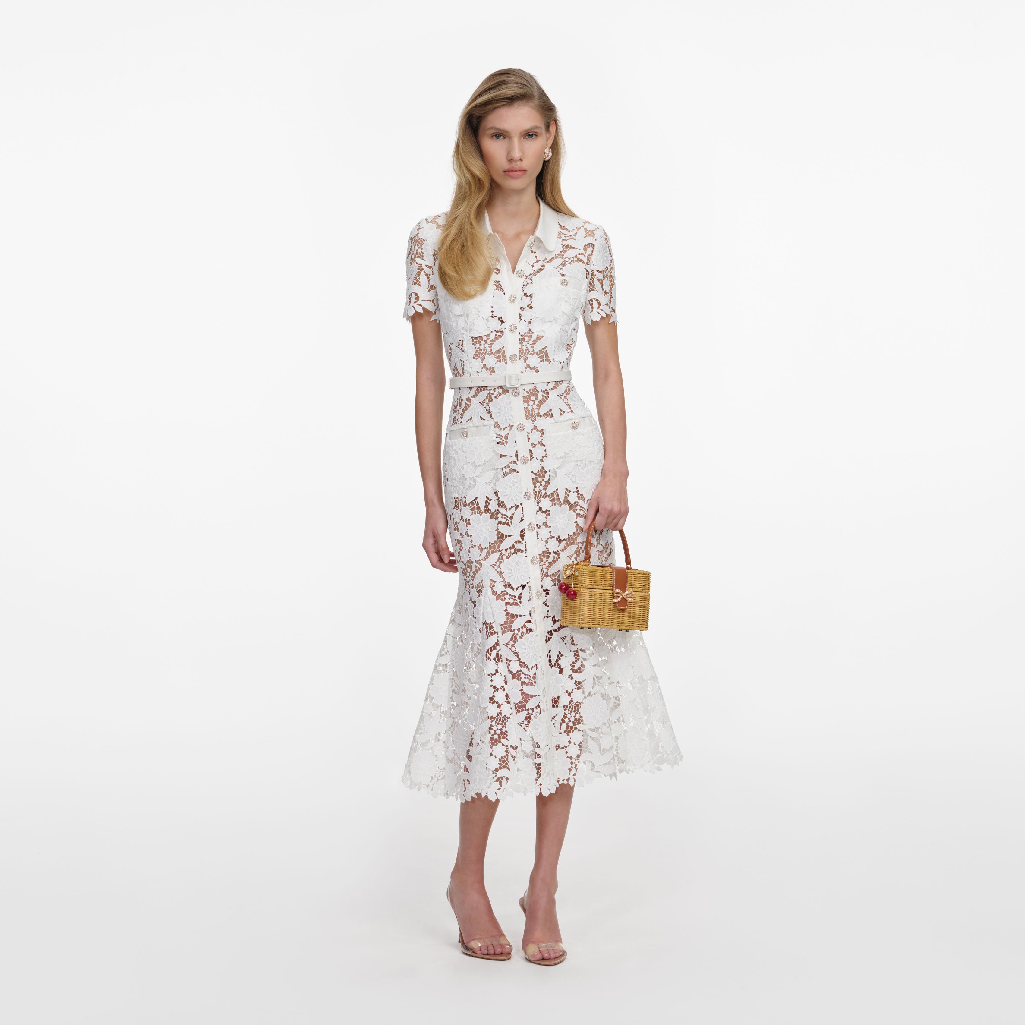 White Lace Collared Midi Dress