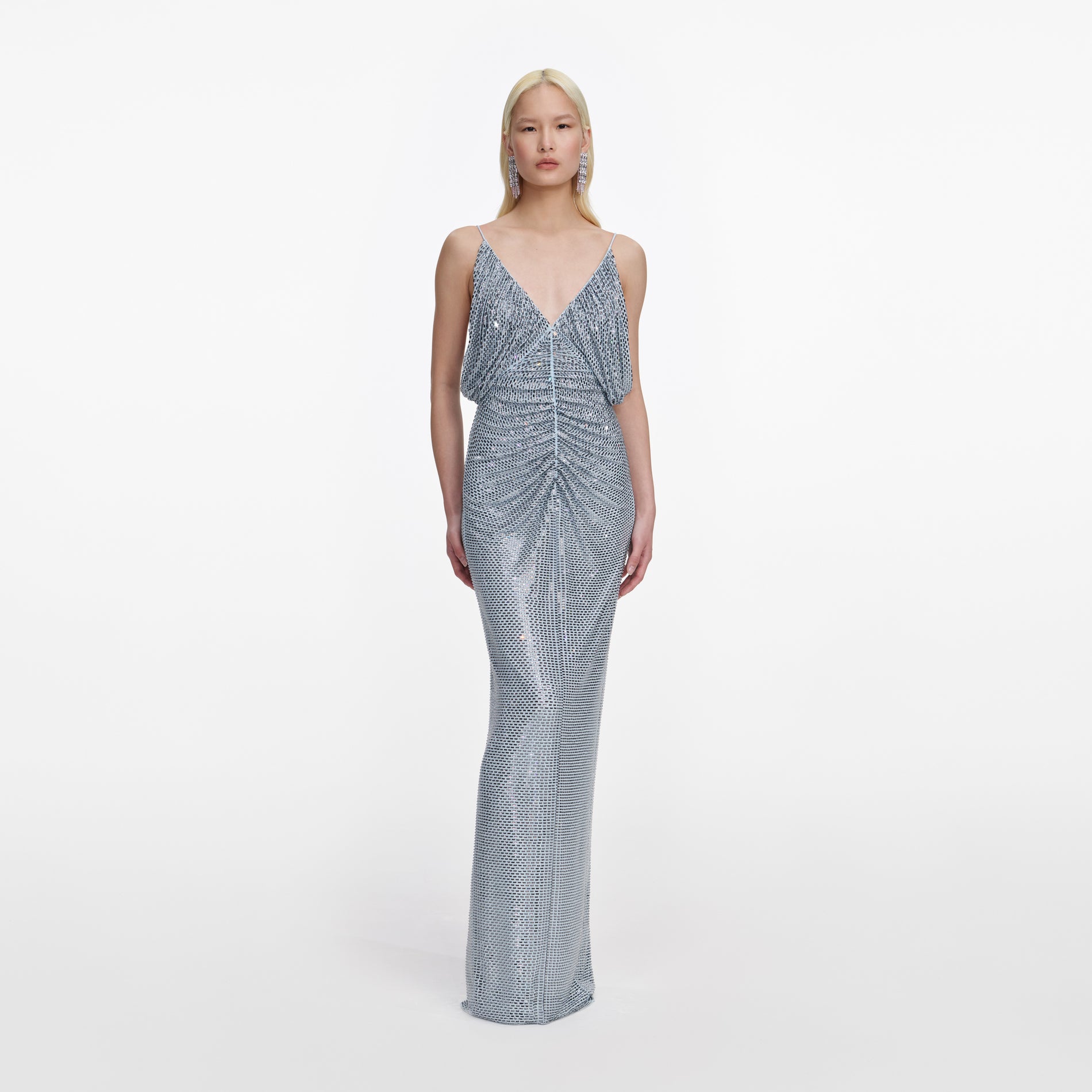 Front view of a woman wearing the Blue Rhinestone Mesh Maxi Dress