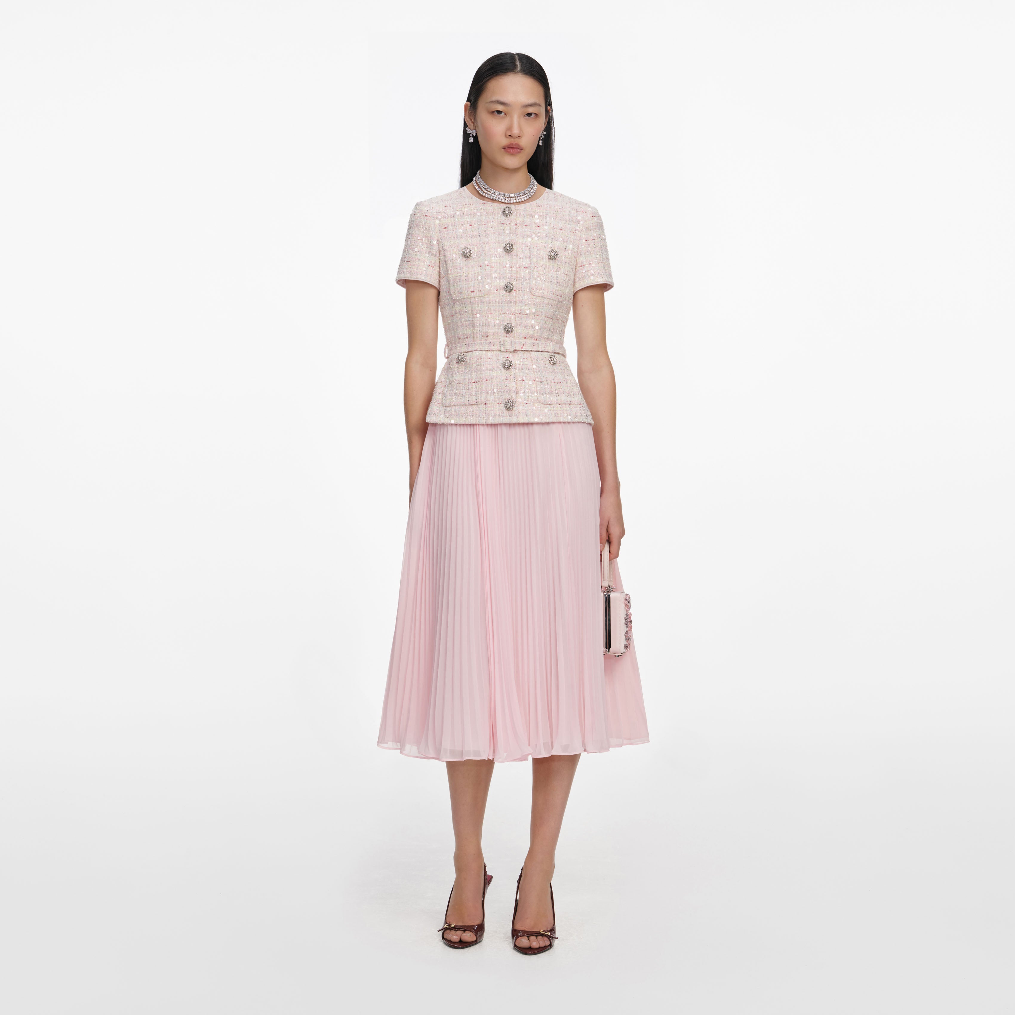 Pink Sequin Boucle Tailored Midi Dress