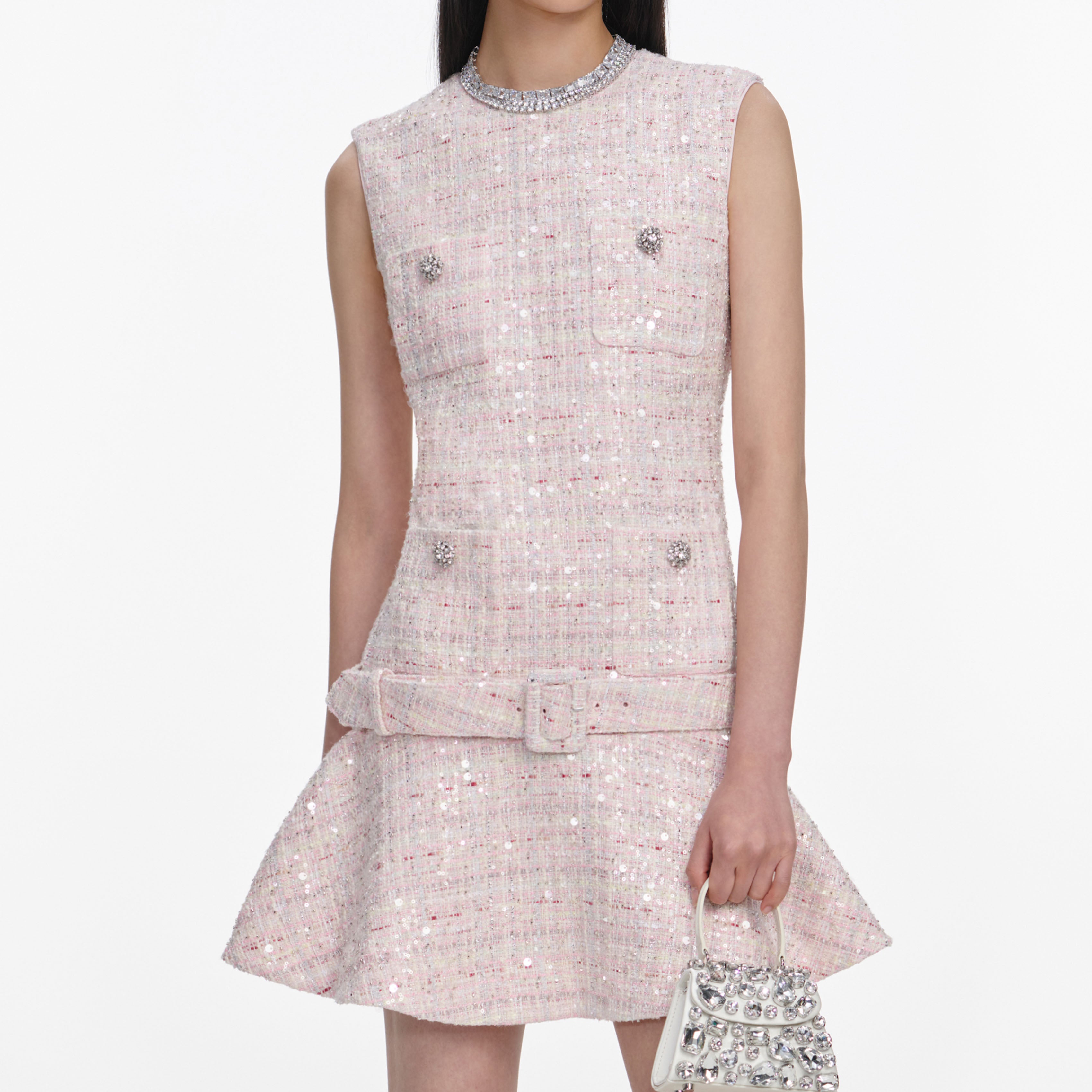 Pink Sequin Boucle Belted Mini Dress