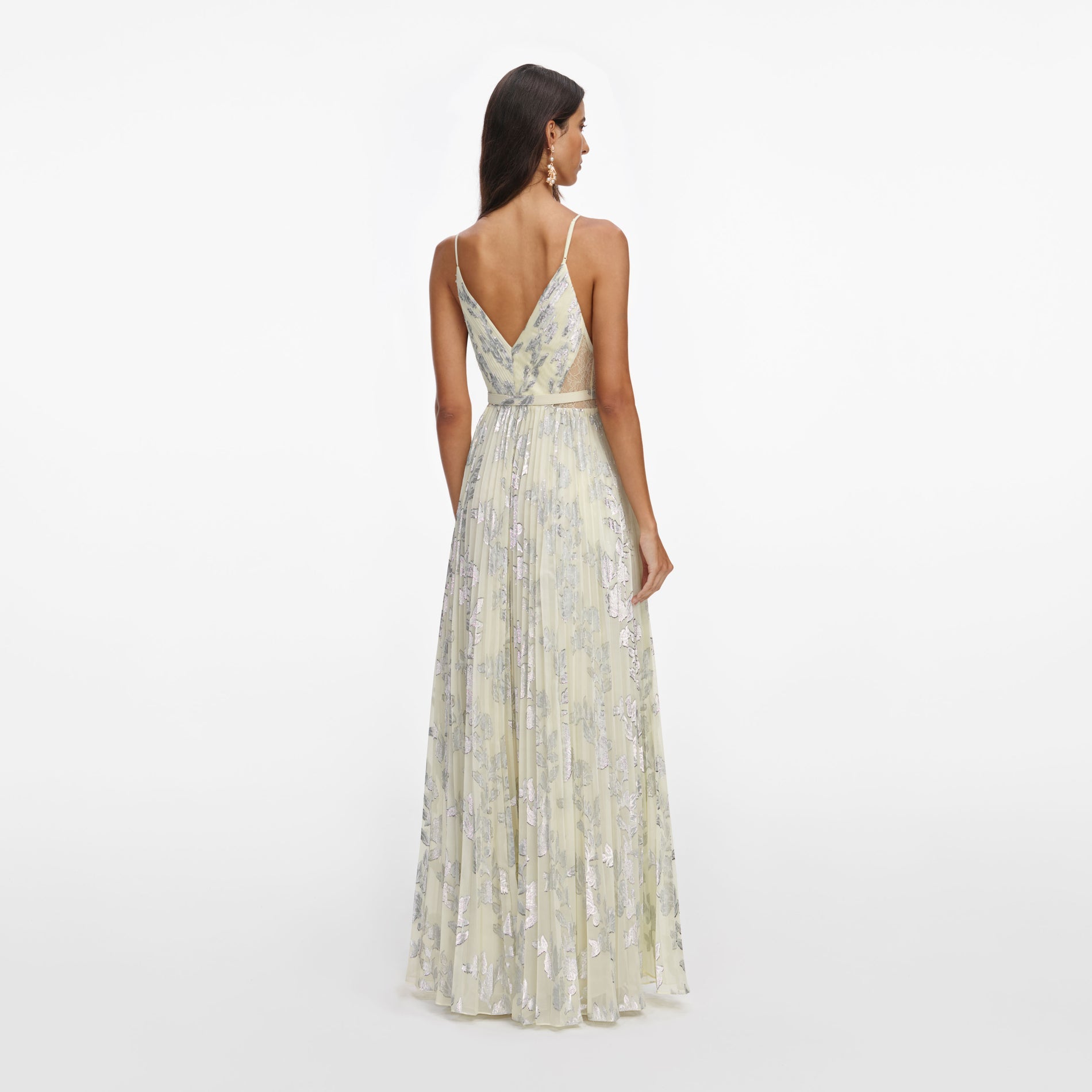 Back view of a woman wearing the Yellow Metallic Chiffon Maxi Dress