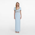 Blue Crepe Embellished Bow Maxi Dress