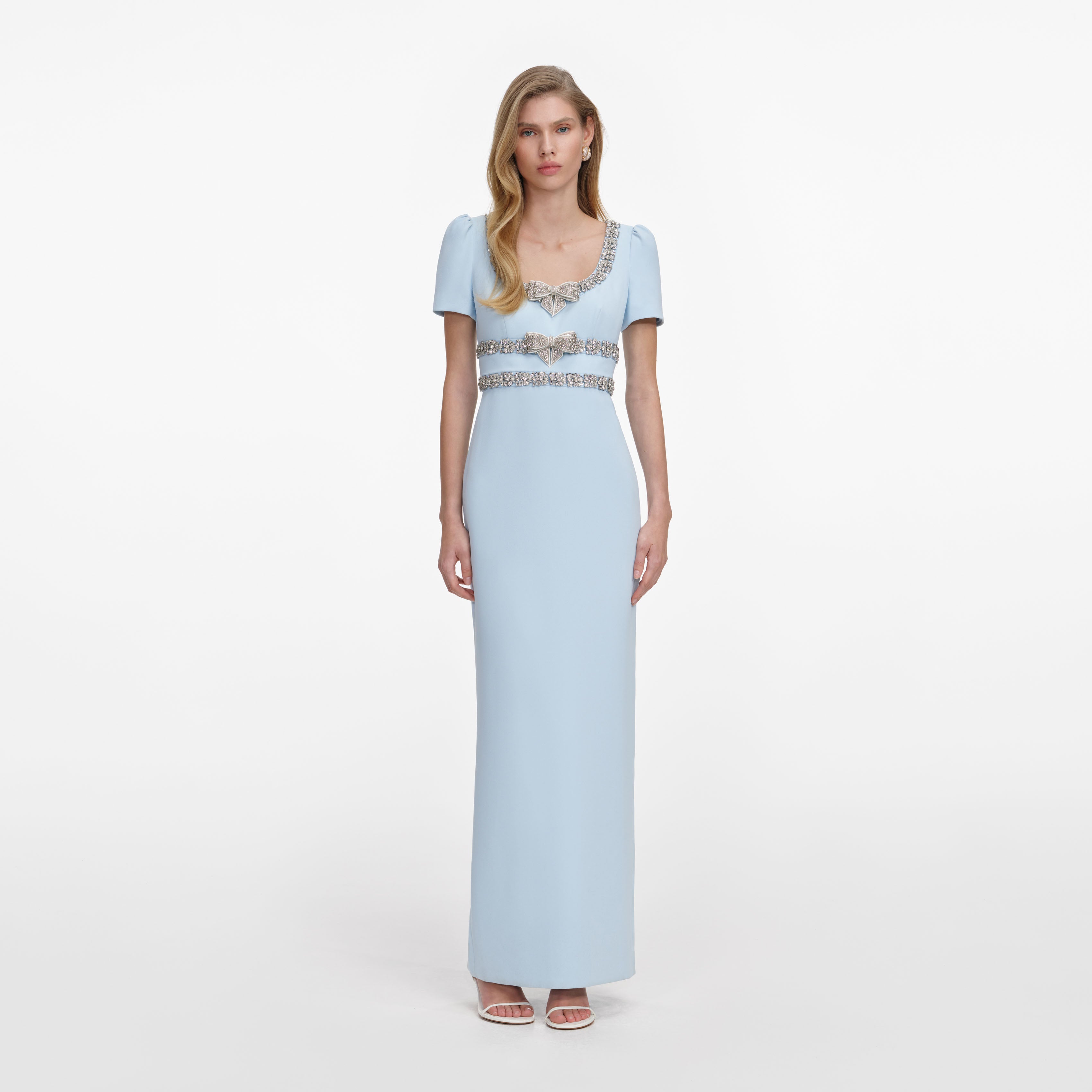 Blue Crepe Embellished Bow Maxi Dress