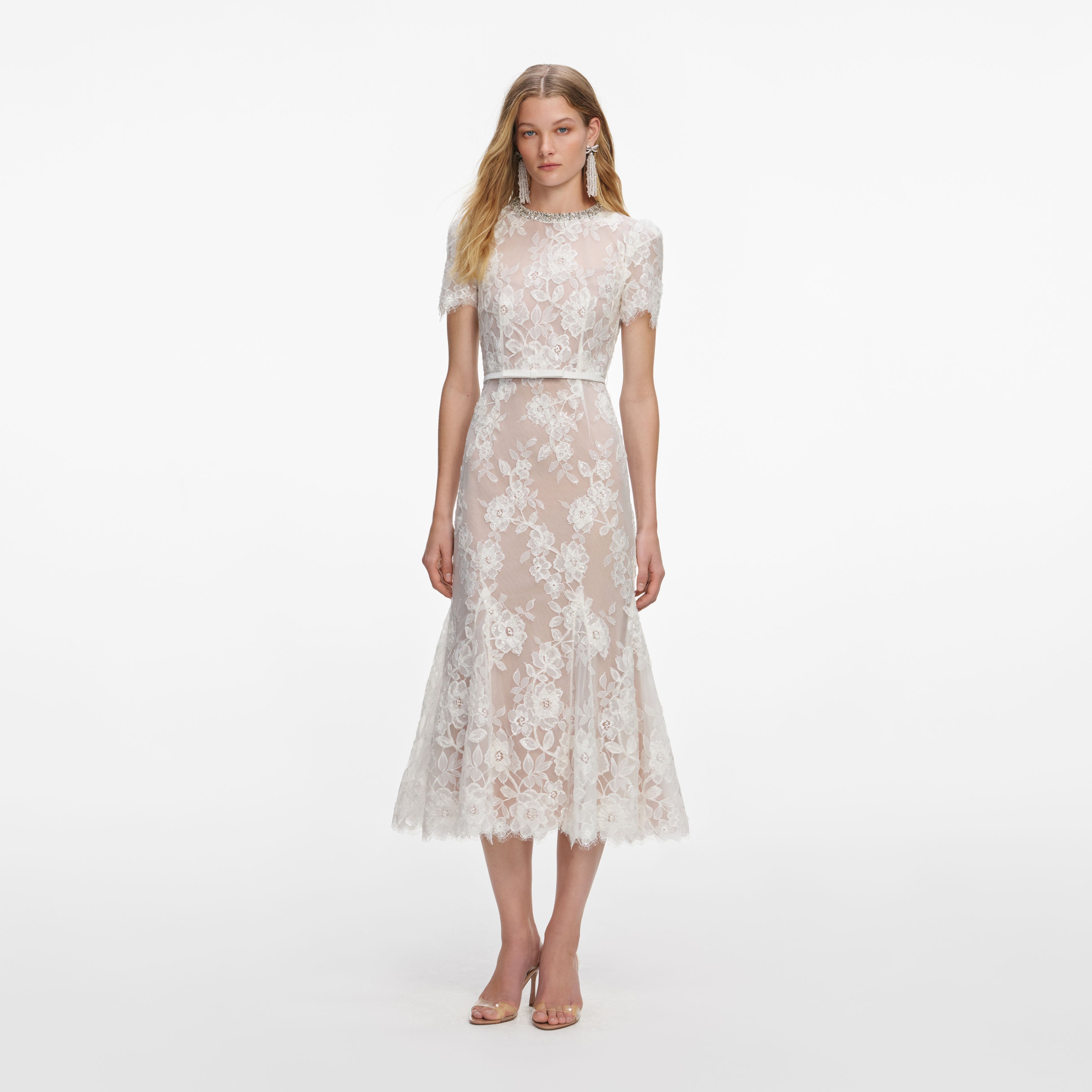 White Sequin Lace Midi Dress