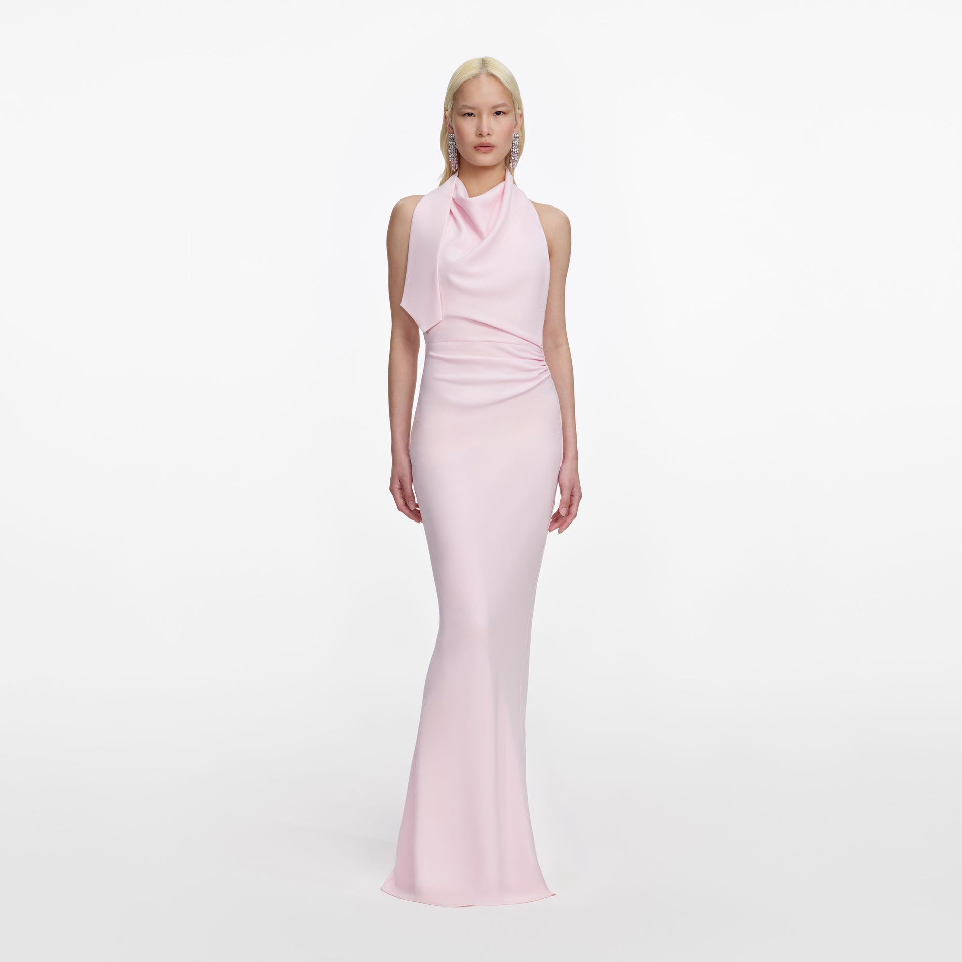 Front view of a woman wearing the Pink Crepe Halter Neck Maxi Dress