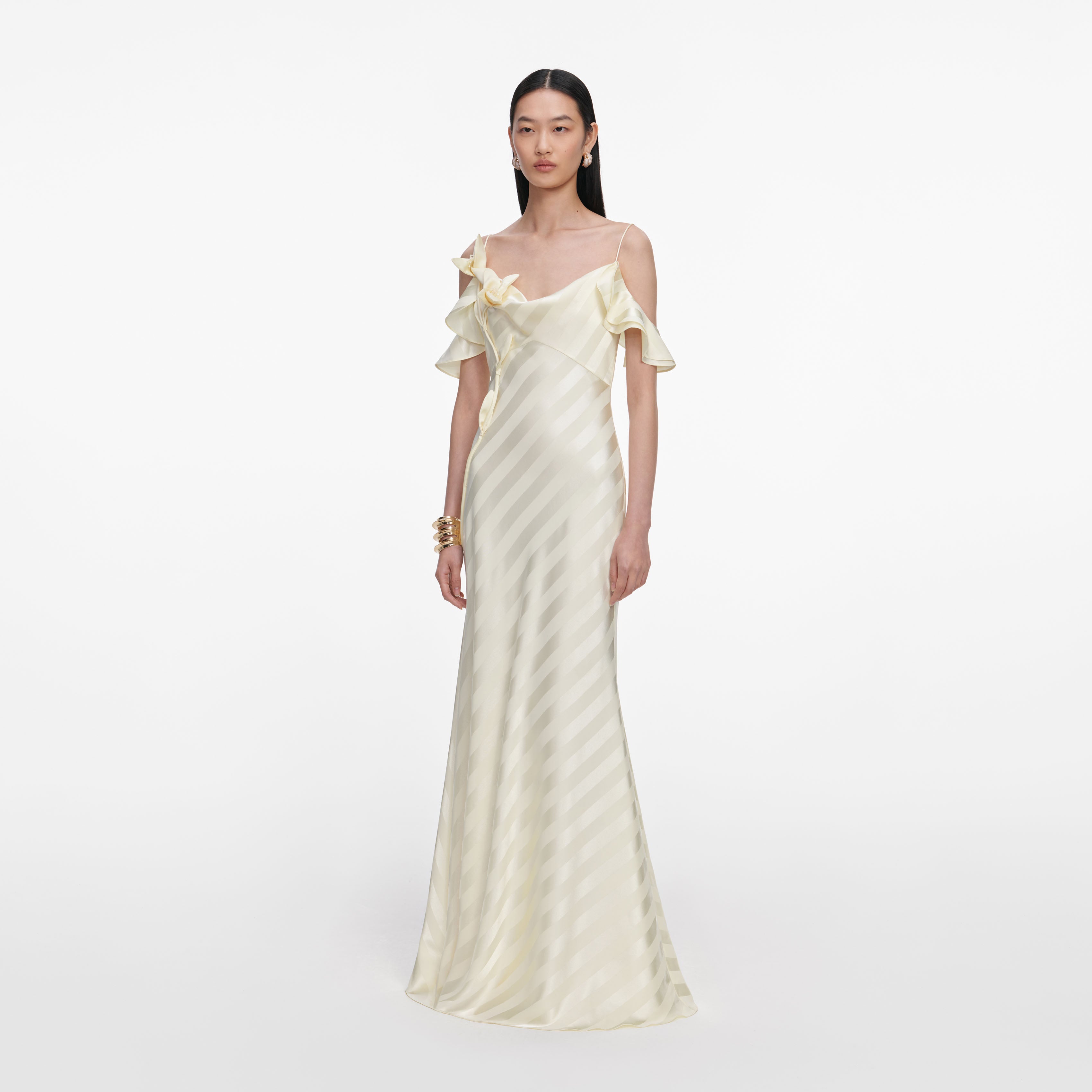 Yellow Satin Striped Maxi Dress