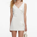 White Crepe Embellished Flower Mini Dress