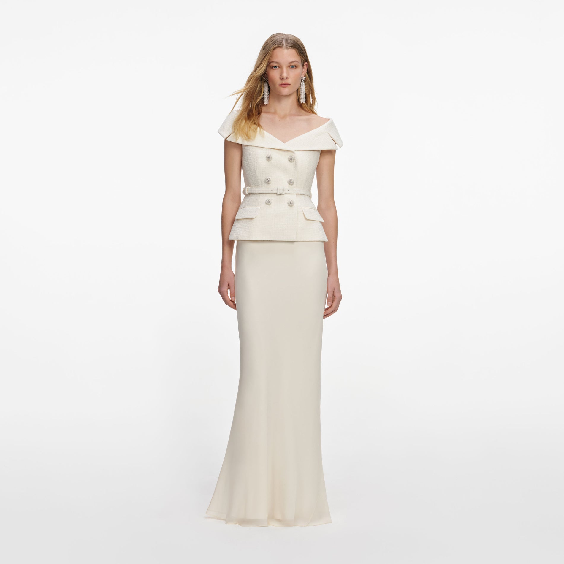 Front view of a woman wearing the Cream Boucle Maxi Dress