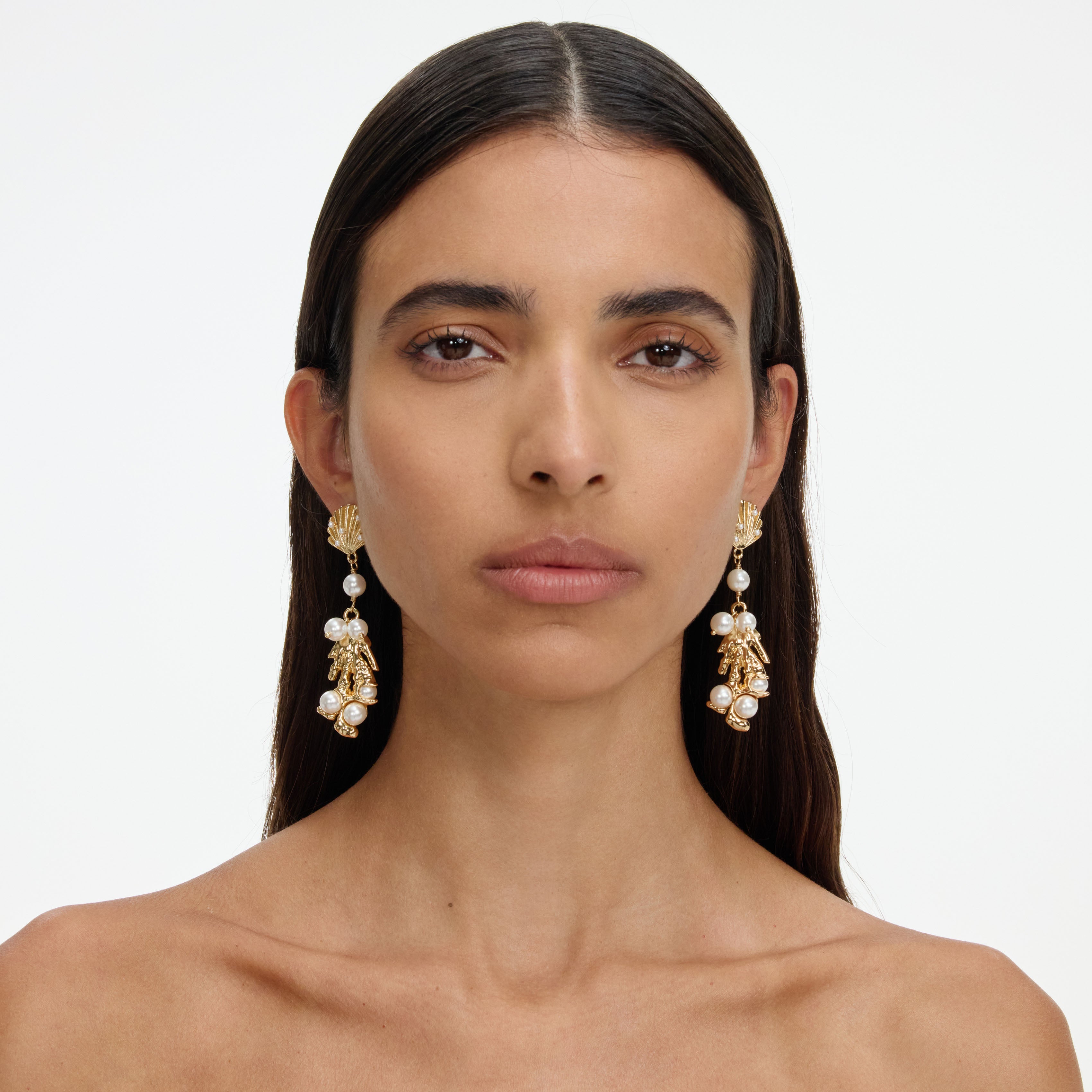 Gold Shell Pearl Coral Earrings