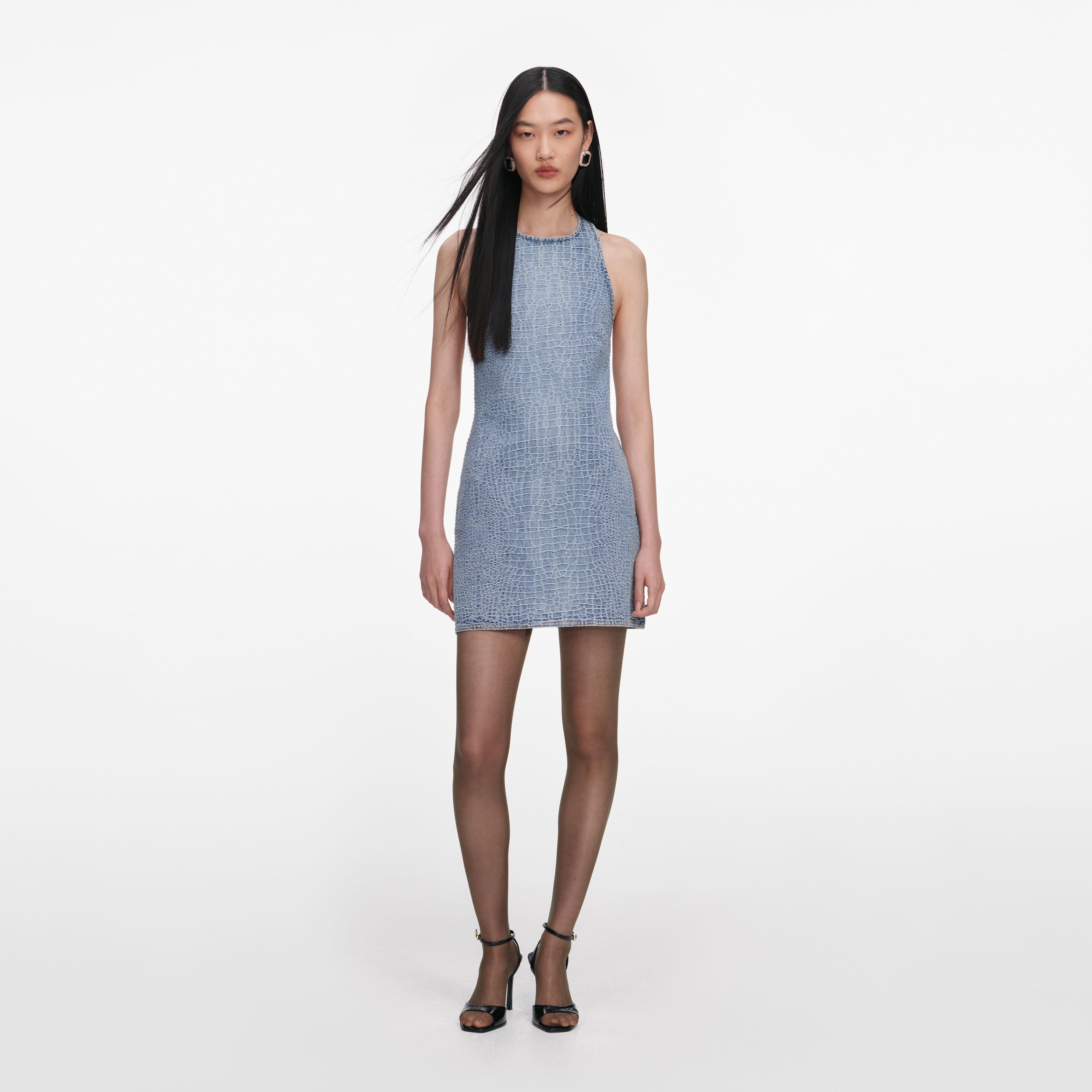 Rhinestone Croc Effect Denim Mini Dress