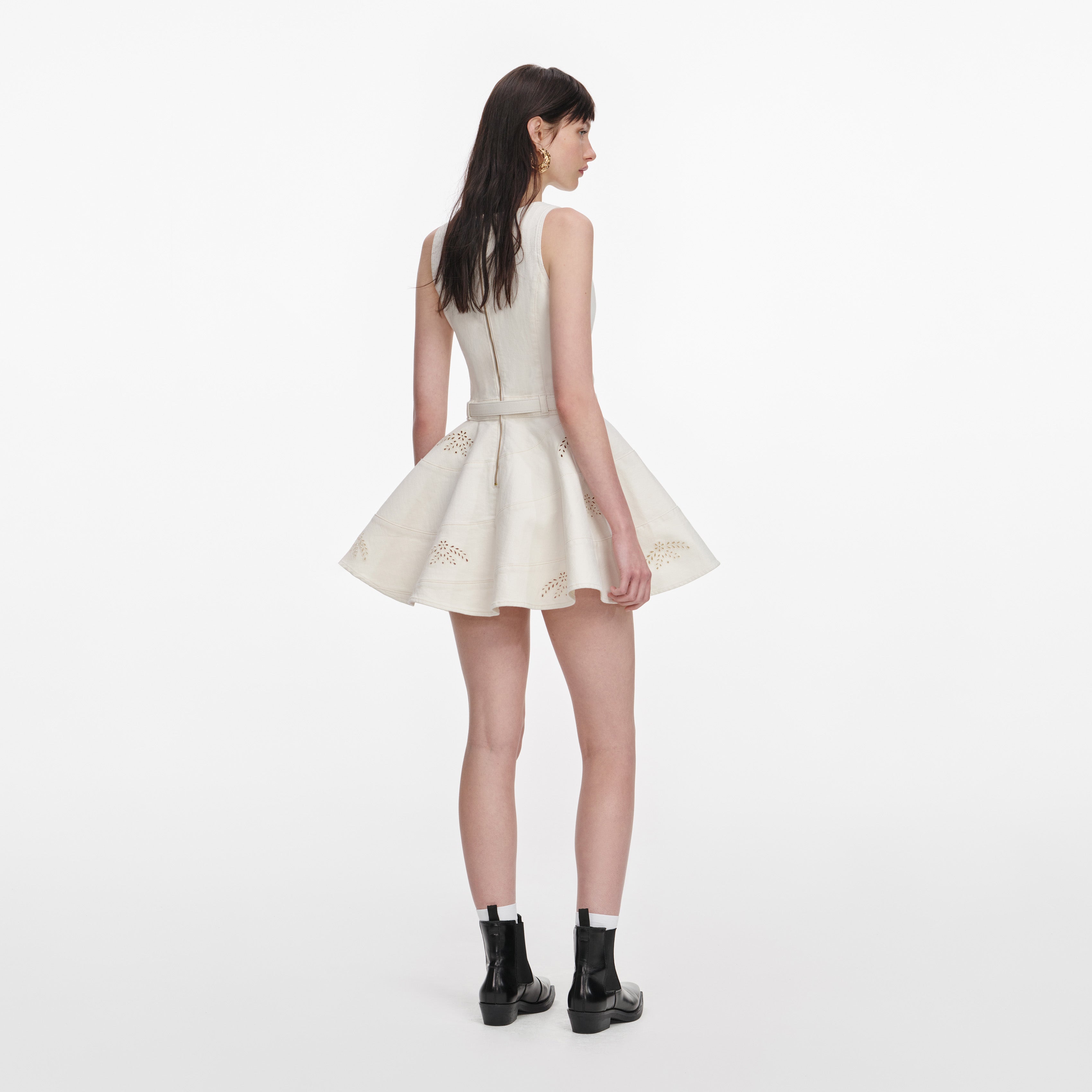 Cream Broderie Denim Sleeveless Mini Dress