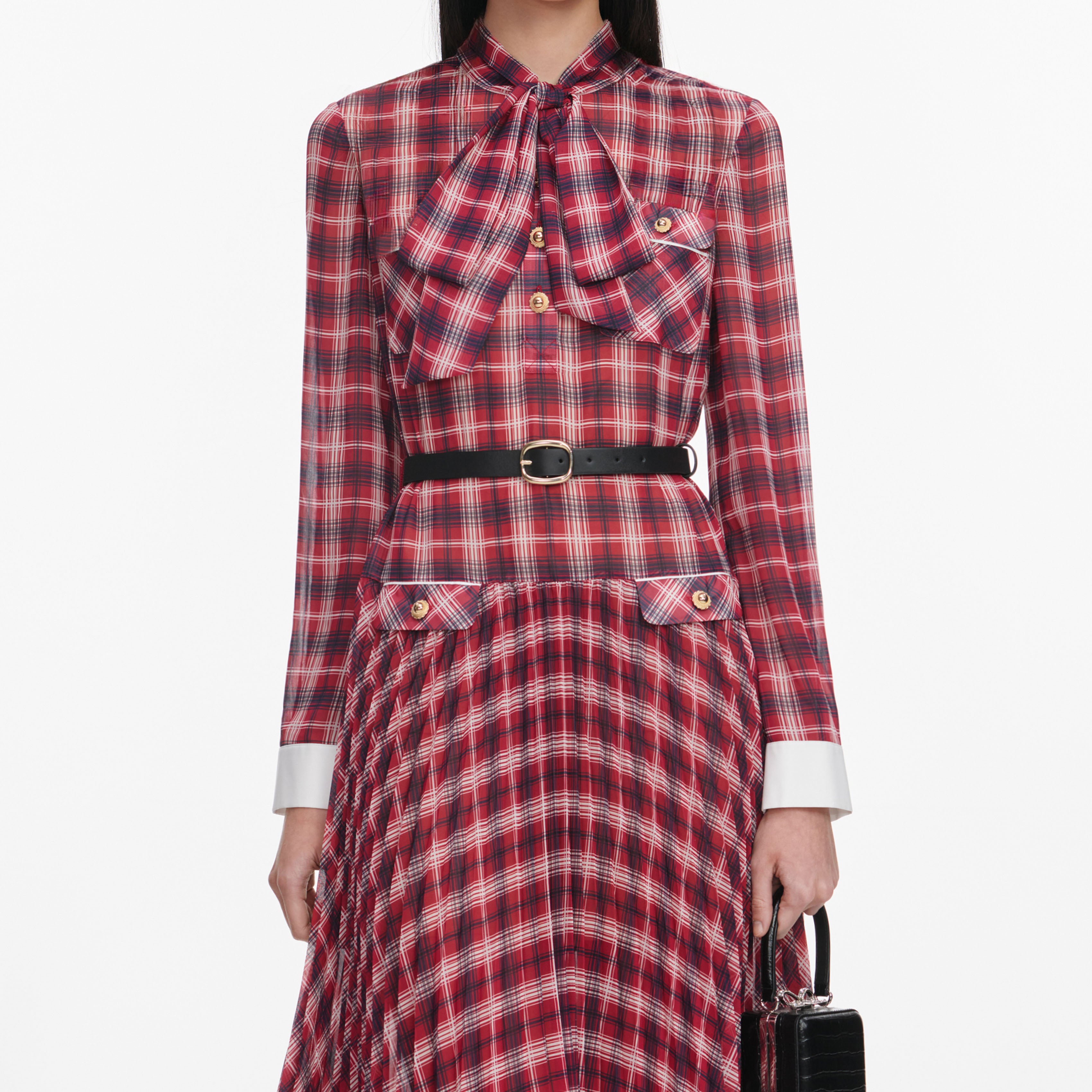 Burgundy Check Chiffon Midi Dress