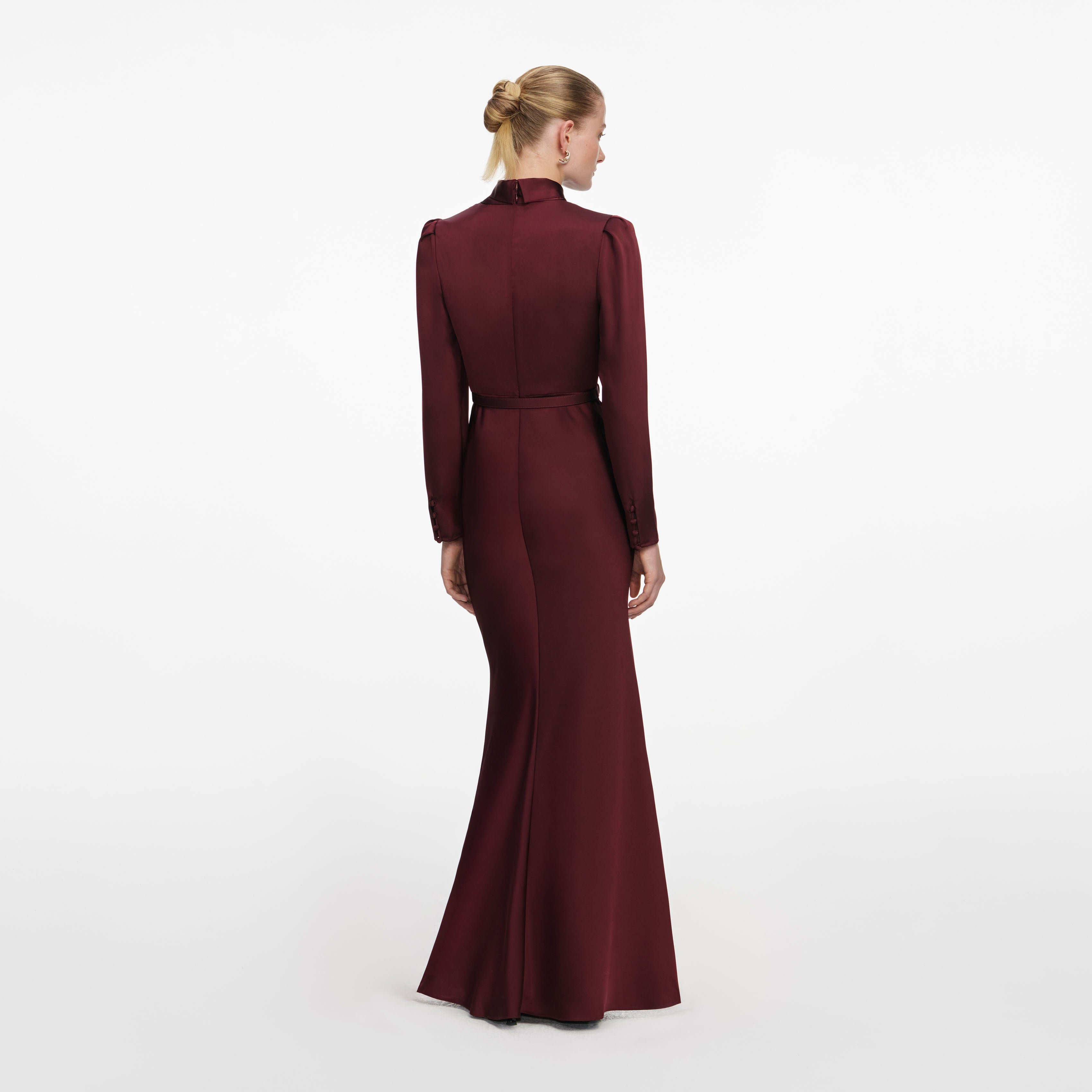 Burgundy Tie Neck Satin Maxi Dress