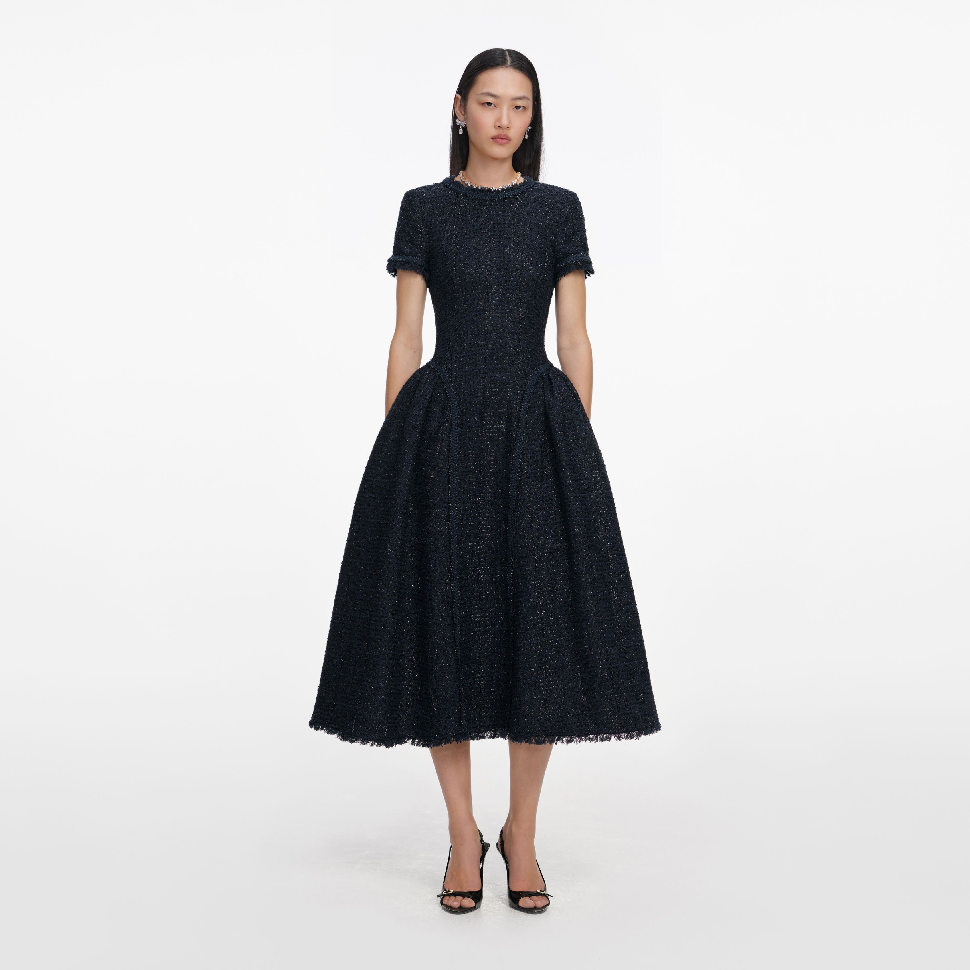 Navy Metallic Boucle Midi Dress